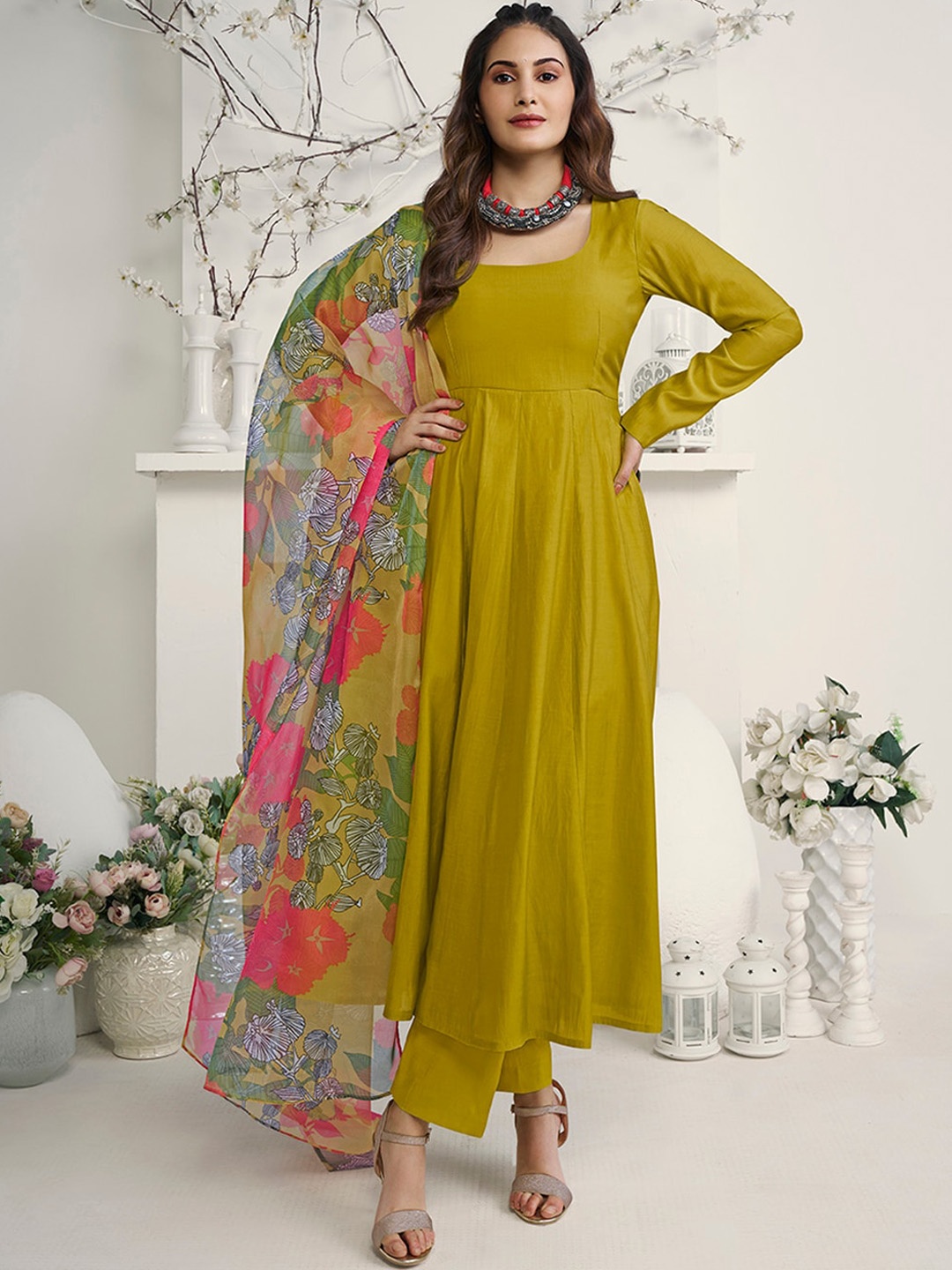 Inddus Square Neck Empire Pure Silk Anarkali Kurta with Trousers & Dupatta, Mustard
Inddus Square Neck Empire Pure Silk Anarkali Kurta with Trousers & Dupatta, Mustard