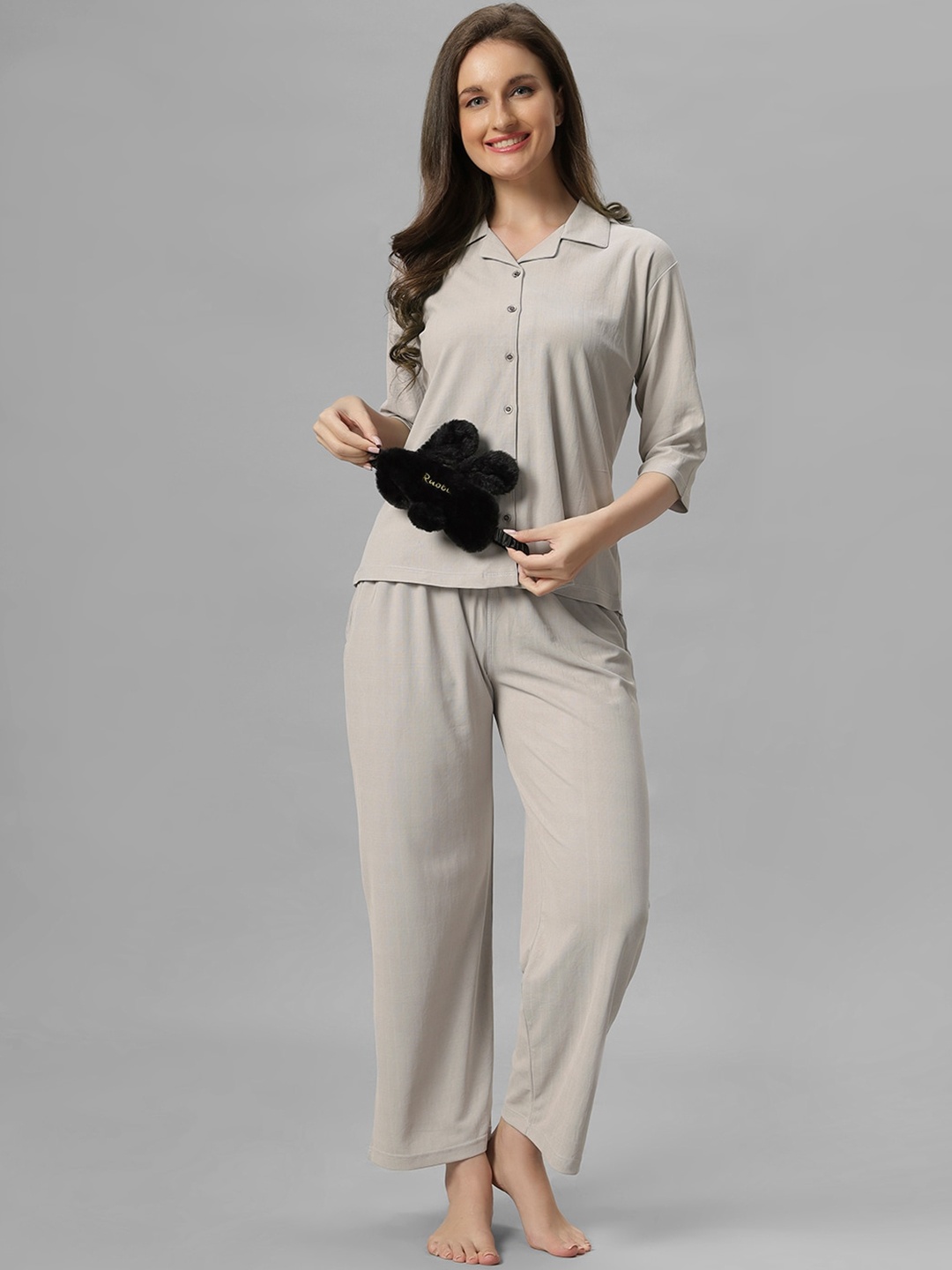 LacyLook Striped Ribbed Lapel Collar Night Suit, Grey