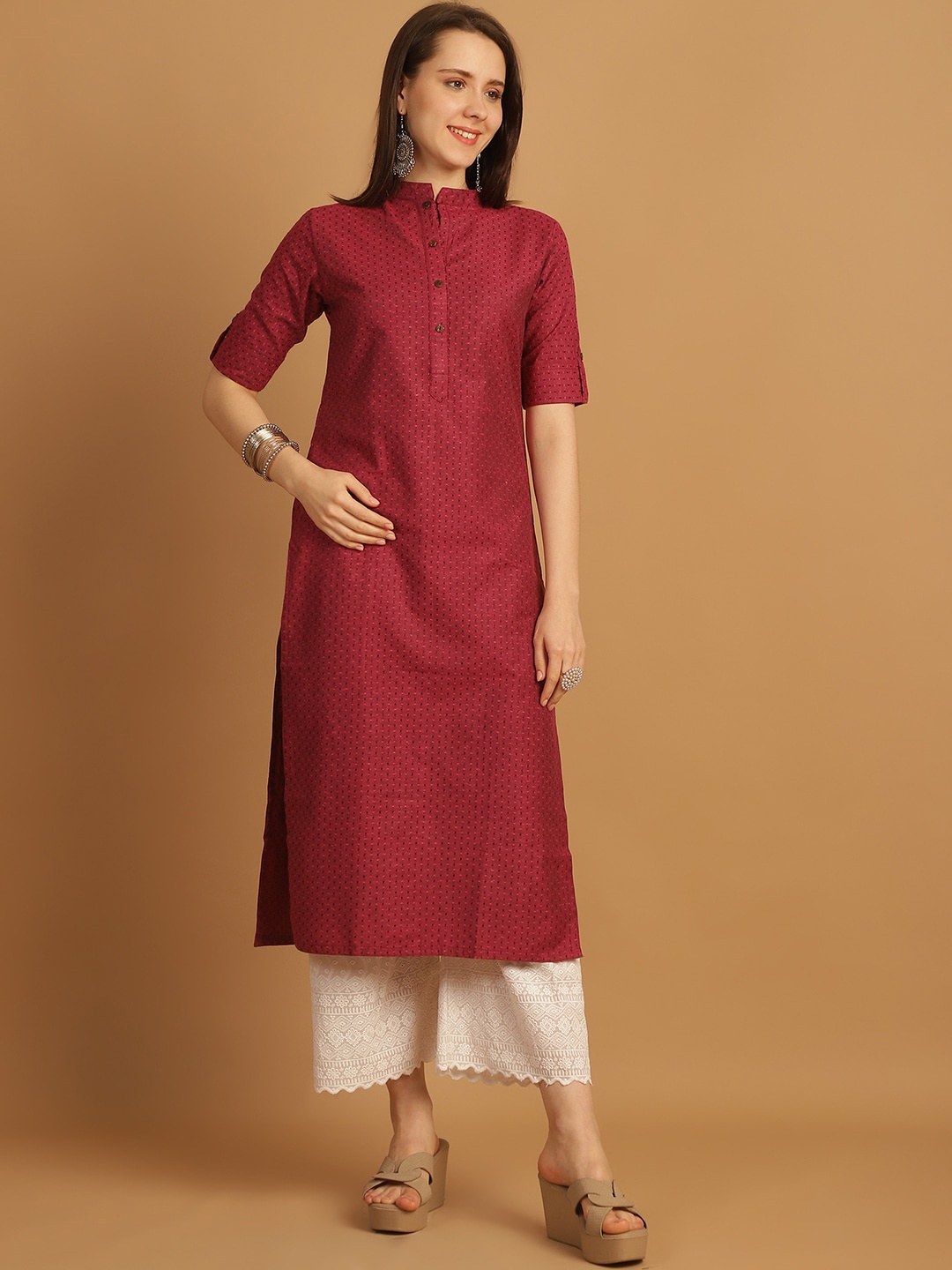 Sayesha Woven Design Mandarin Collar Roll Up Sleeves Pure Cotton Straight Kurta, Pink
Sayesha Woven Design Mandarin Collar Roll Up Sleeves Pure Cotton Straight Kurta, Pink