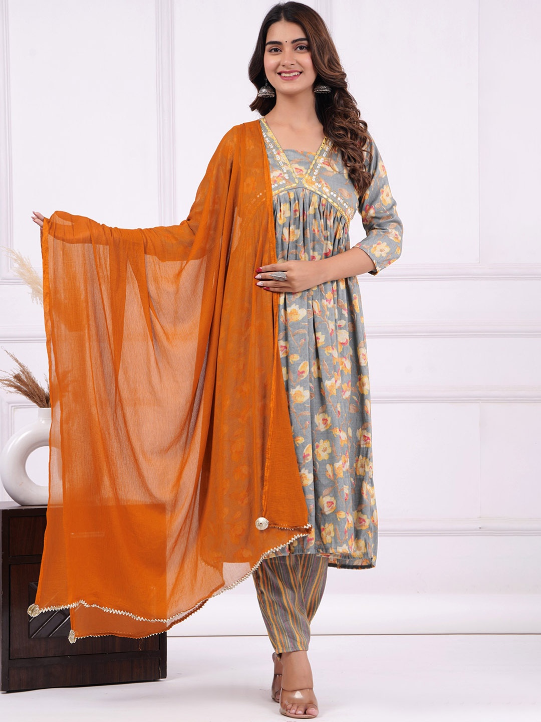 PARIKSHIT Printed Kurta With Trousers & Dupatta, Yellow