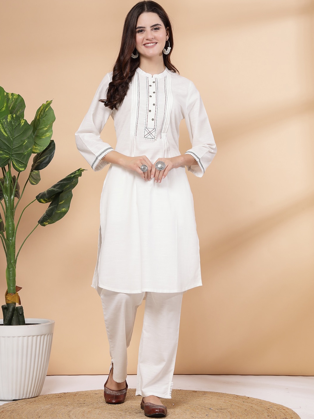 Nayam By Lakshita Yoke Design Pleated Thread Work Straight Kurta with Palazzos, White
Nayam By Lakshita Yoke Design Pleated Thread Work Straight Kurta with Palazzos, White