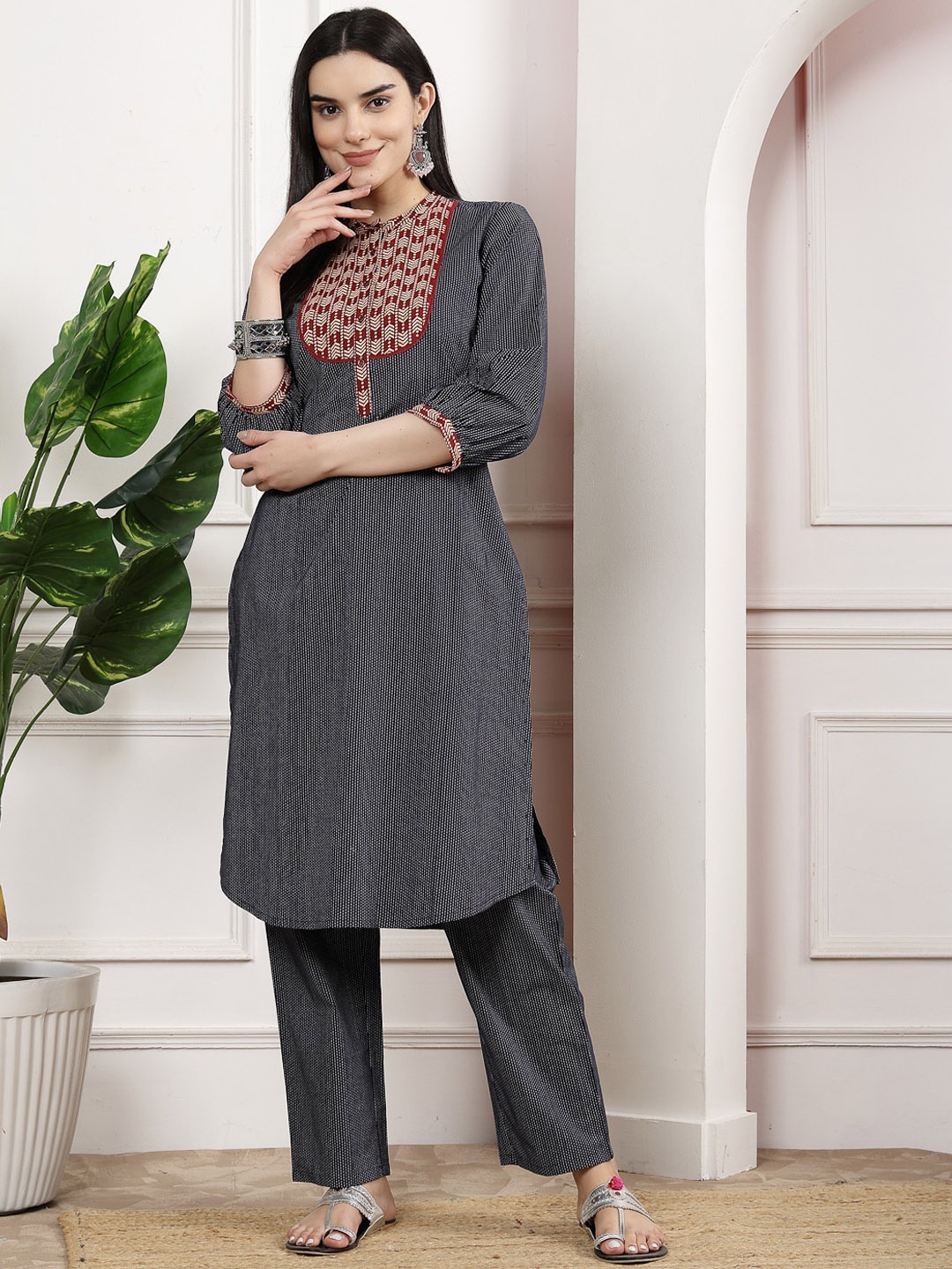 Nayam By Lakshita Yoke Design Regular Pure Cotton Straight Kurta with Palazzos, Navy blue
Nayam By Lakshita Yoke Design Regular Pure Cotton Straight Kurta with Palazzos, Navy blue