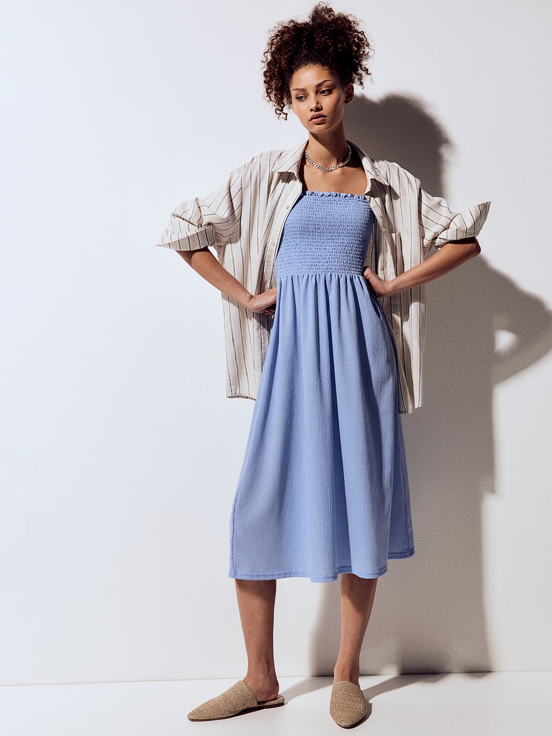 H&M Tie-Strap Smocked Dress, Blue