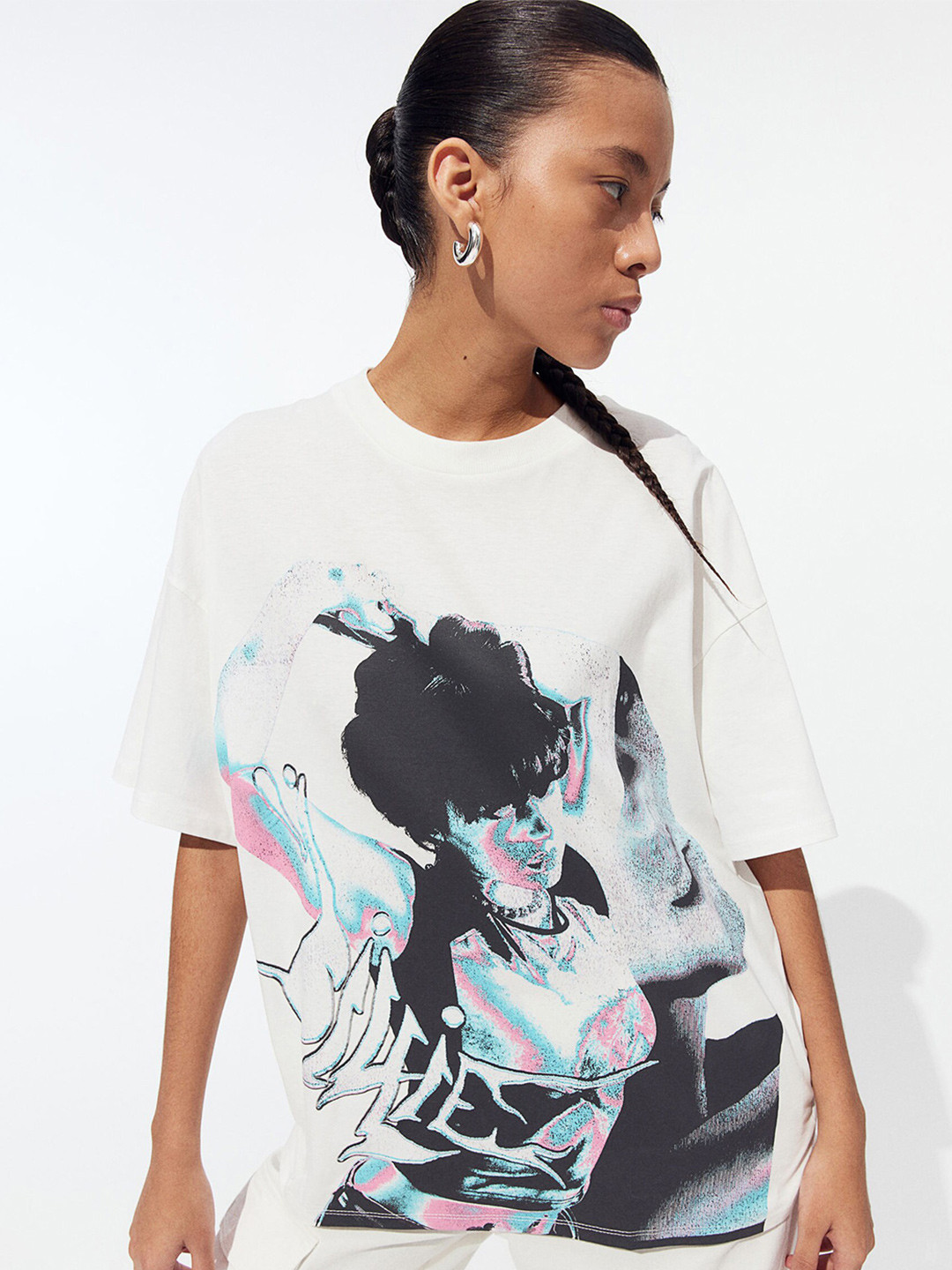 H&M Pure Cotton Oversized Printed T-shirt, White 
H&M Pure Cotton Oversized Printed T-shirt, White