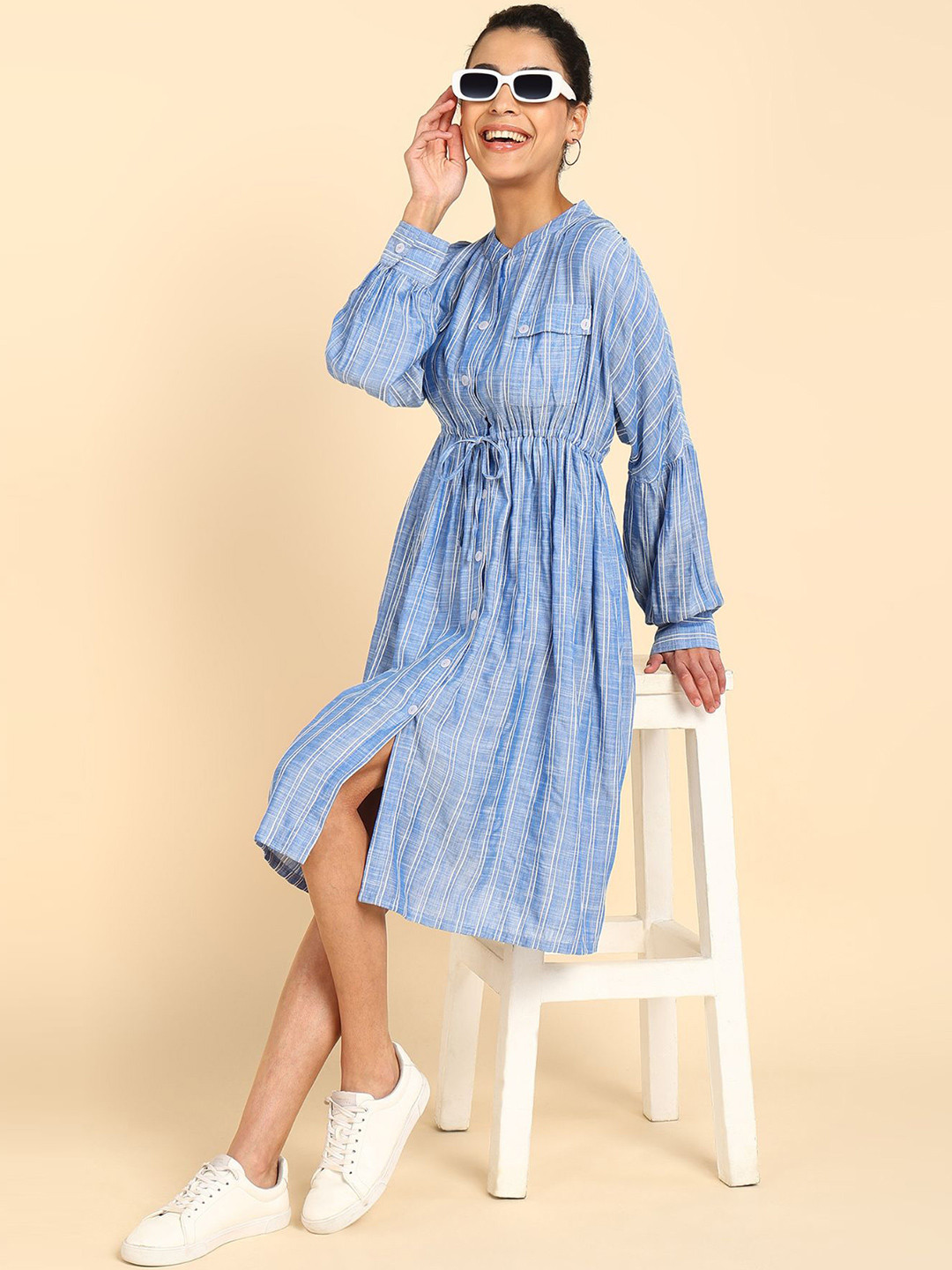 House Of Zelena Striped Mandarin Collar Puff Sleeve Maternity A-Line Midi Dress, Turquoise blue 
House Of Zelena Striped Mandarin Collar Puff Sleeve Maternity A-Line Midi Dress, Turquoise blue