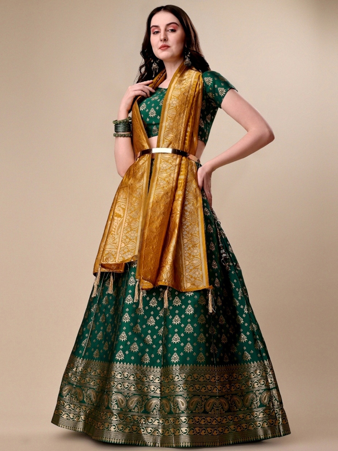 KALINI Woven Design Banarasi Silk Ready to Wear Lehenga & Unstitched Blouse With Dupatta, Green
KALINI Woven Design Banarasi Silk Ready to Wear Lehenga & Unstitched Blouse With Dupatta, Green