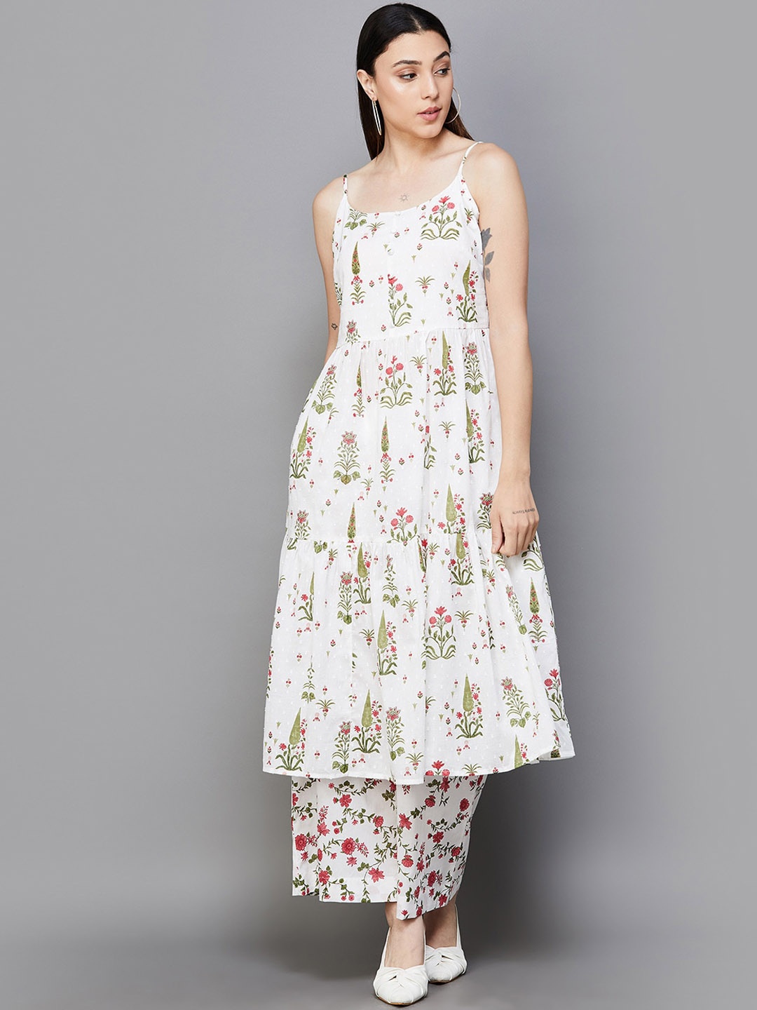Melange by Lifestyle Shoulder Straps Floral Printed Cotton Anarkali Kurta with Pyjama, Off white
Melange by Lifestyle Shoulder Straps Floral Printed Cotton Anarkali Kurta with Pyjama, Off white