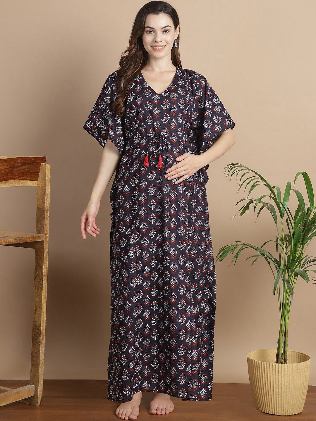 Secret Wish Floral Printed V-Neck Pure Cotton Maxi Maternity Kaftan Nightdress, Navy blue
Secret Wish Floral Printed V-Neck Pure Cotton Maxi Maternity Kaftan Nightdress, Navy blue