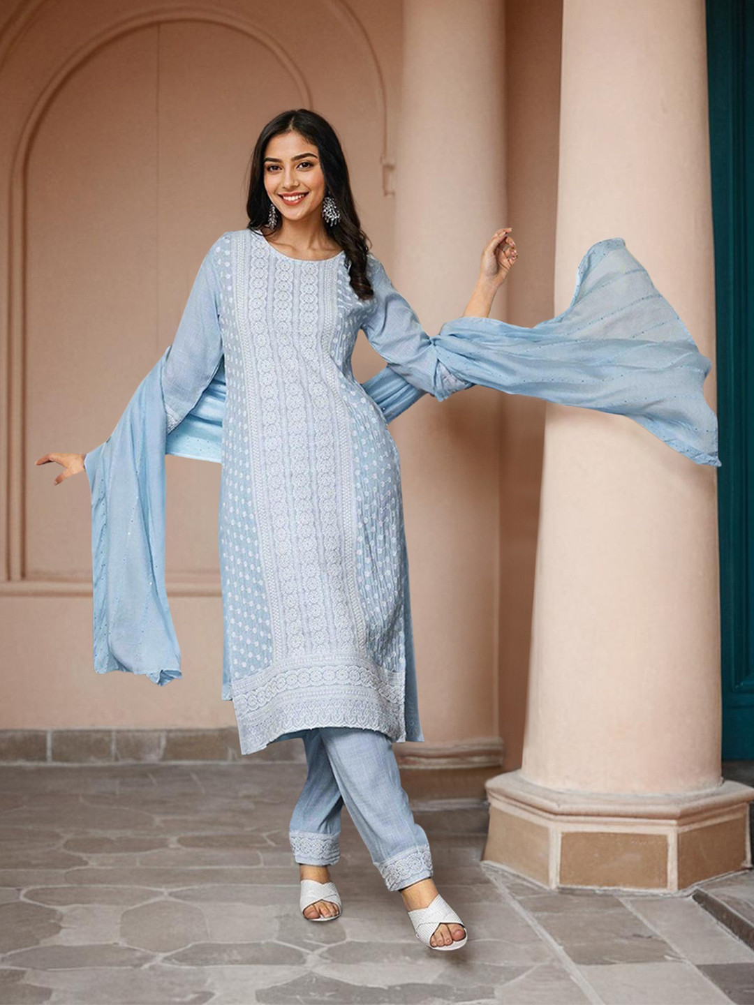 Ishin Floral Embroidered Regular Straight Kurta with Trousers & Dupatta, Blue 
Ishin Floral Embroidered Regular Straight Kurta with Trousers & Dupatta, Blue
