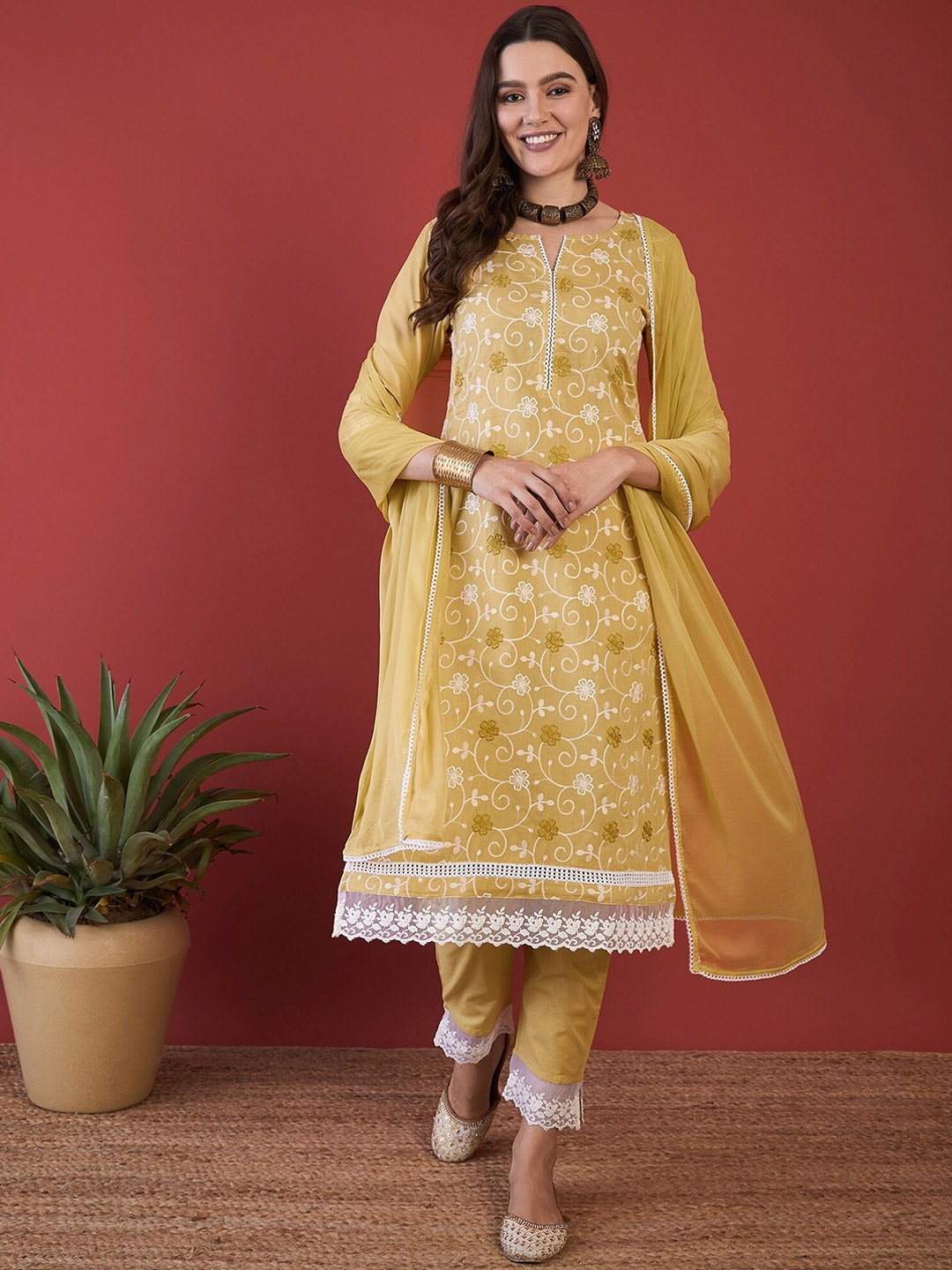 Anouk Floral Embroidered Thread Work Pure Cotton Straight Kurta with Trousers & Dupatta, Yellow
Anouk Floral Embroidered Thread Work Pure Cotton Straight Kurta with Trousers & Dupatta, Yellow