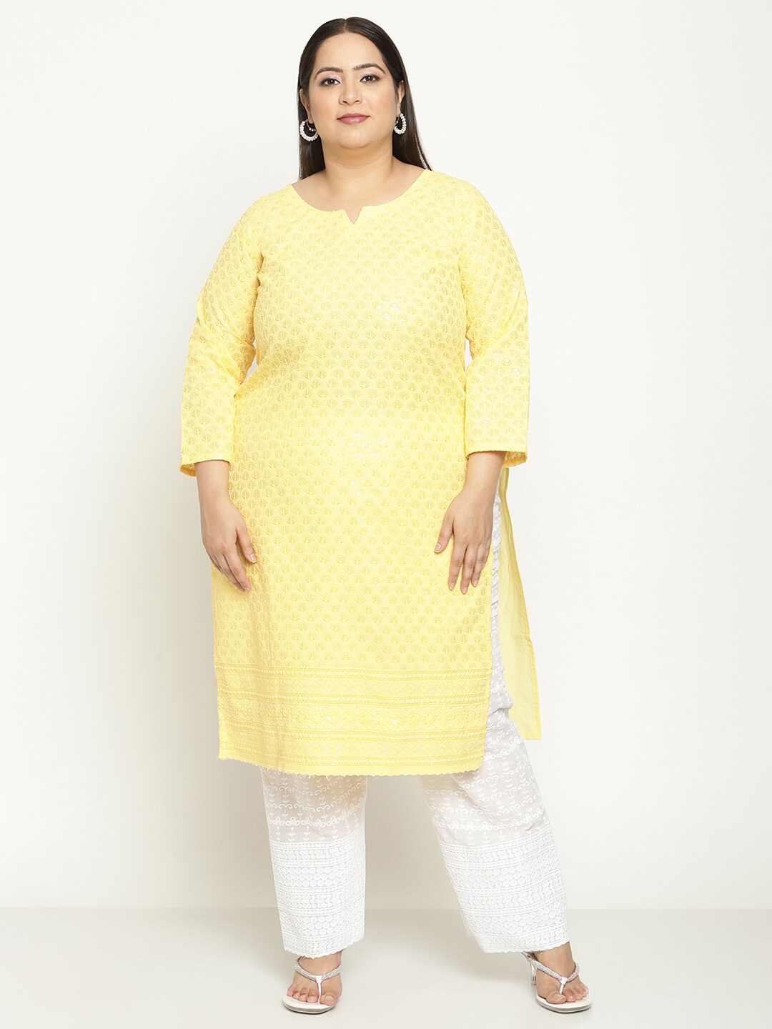 QUEENLEY Plus Size Ethnic Motifs Embroidered Chikankari Cotton Straight Kurta, Yellow
QUEENLEY Plus Size Ethnic Motifs Embroidered Chikankari Cotton Straight Kurta, Yellow