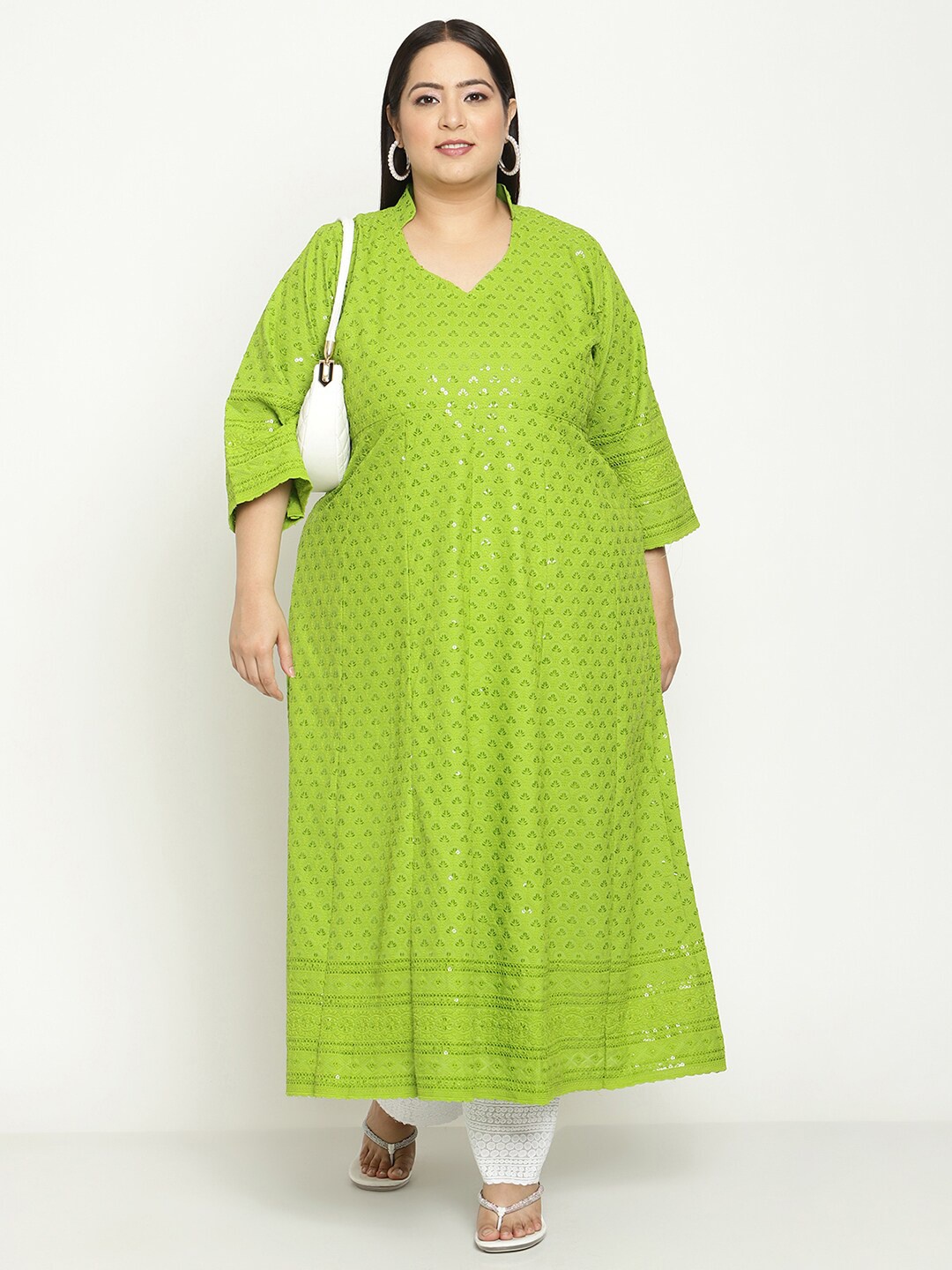 QUEENLEY Plus Size Ethnic Motifs Embroidered Chikankari Mandarin Collar Anarkali Kurta, Green
QUEENLEY Plus Size Ethnic Motifs Embroidered Chikankari Mandarin Collar Anarkali Kurta, Green