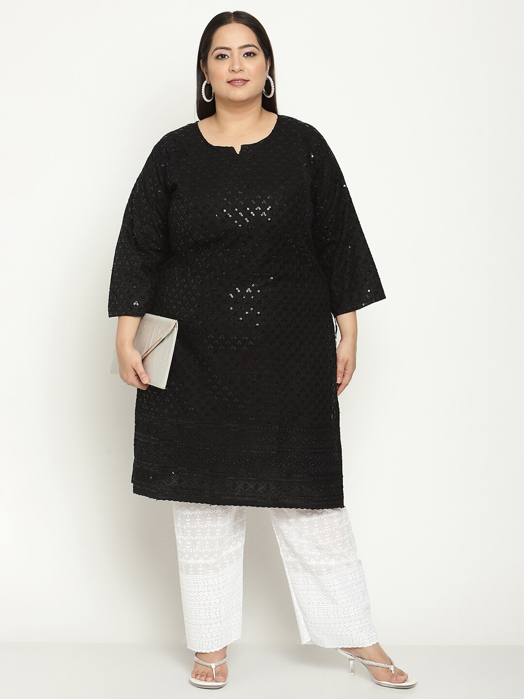 QUEENLEY Plus Size Ethnic Motifs Embroidered Chikankari Cotton Straight Kurta, Black
QUEENLEY Plus Size Ethnic Motifs Embroidered Chikankari Cotton Straight Kurta, Black