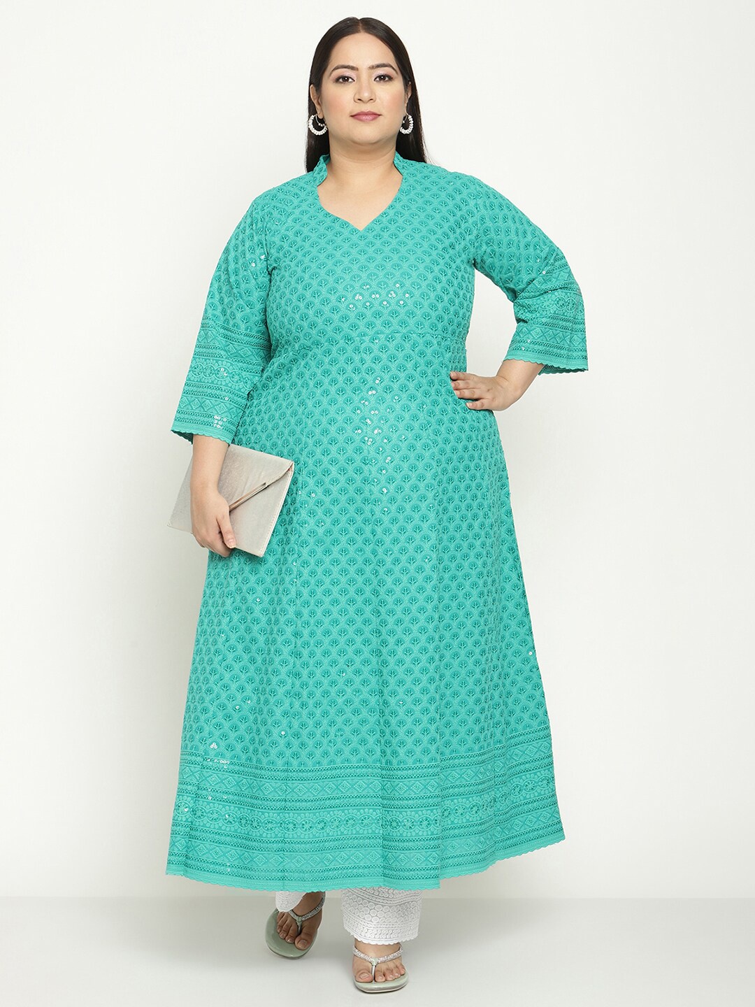 QUEENLEY Plus Size Ethnic Motifs Embroidered Chikankari Cotton Anarkali Kurta, Sea green
QUEENLEY Plus Size Ethnic Motifs Embroidered Chikankari Cotton Anarkali Kurta, Sea green
