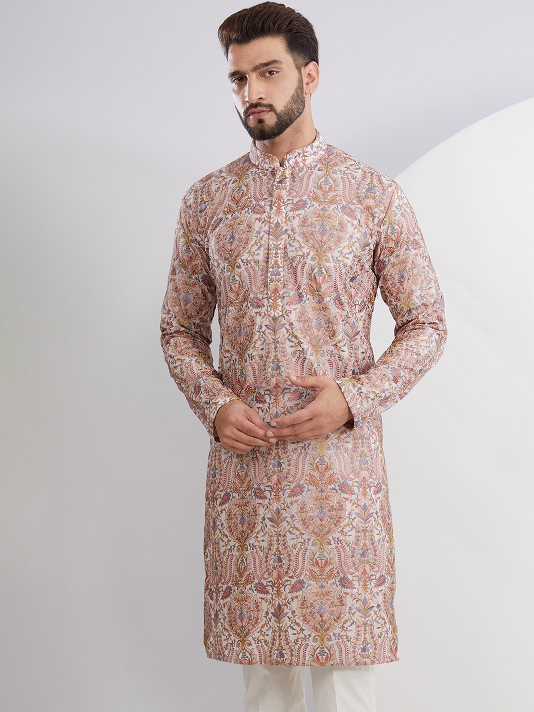 KASBAH CLOTHING NISHCHAIY SAJDEH Men Floral Printed Thread Work Georgette Kurta, Peach
KASBAH CLOTHING NISHCHAIY SAJDEH Men Floral Printed Thread Work Georgette Kurta, Peach