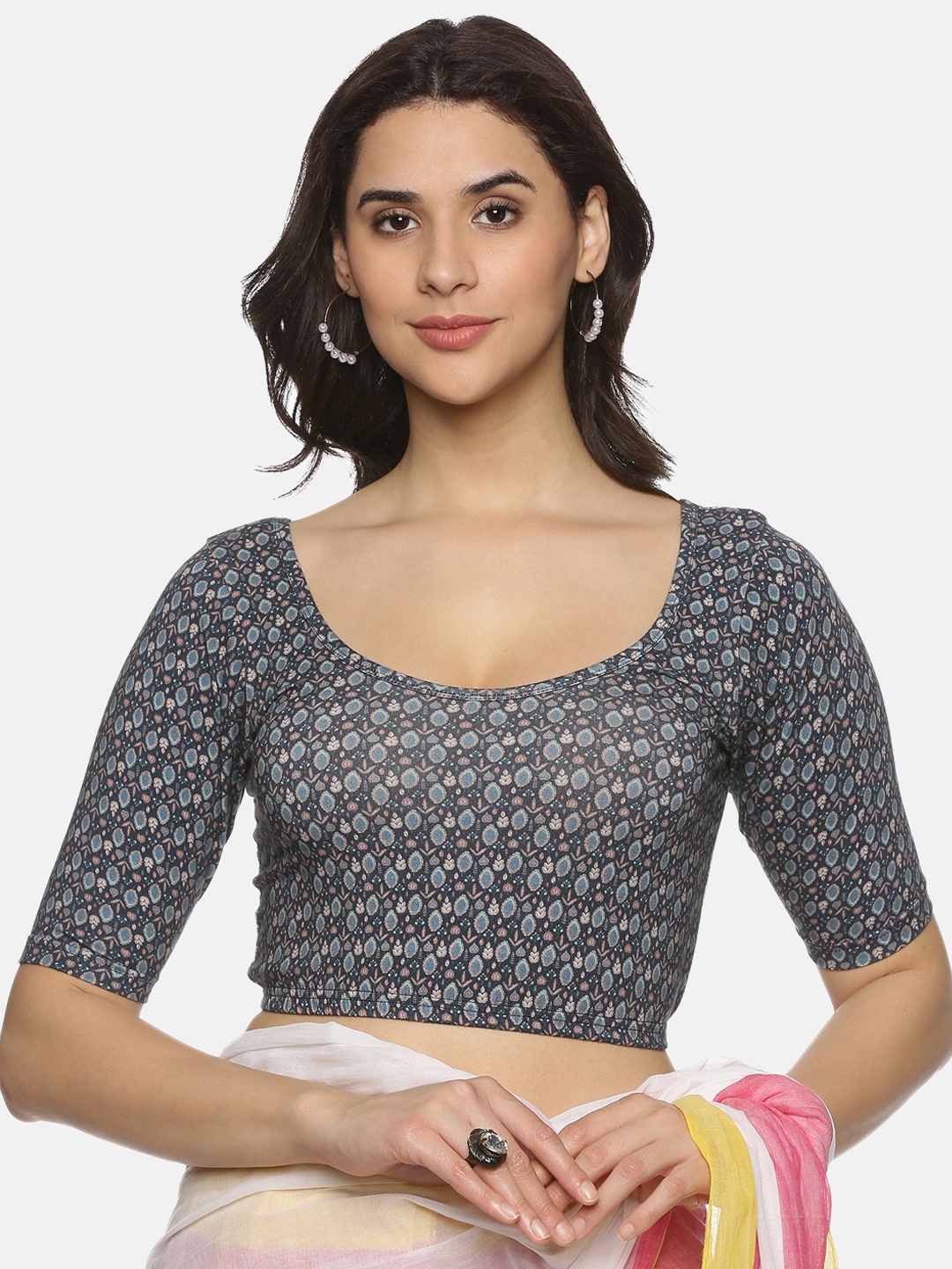 NOT YET by us Printed Cotton Saree Blouse, Blue