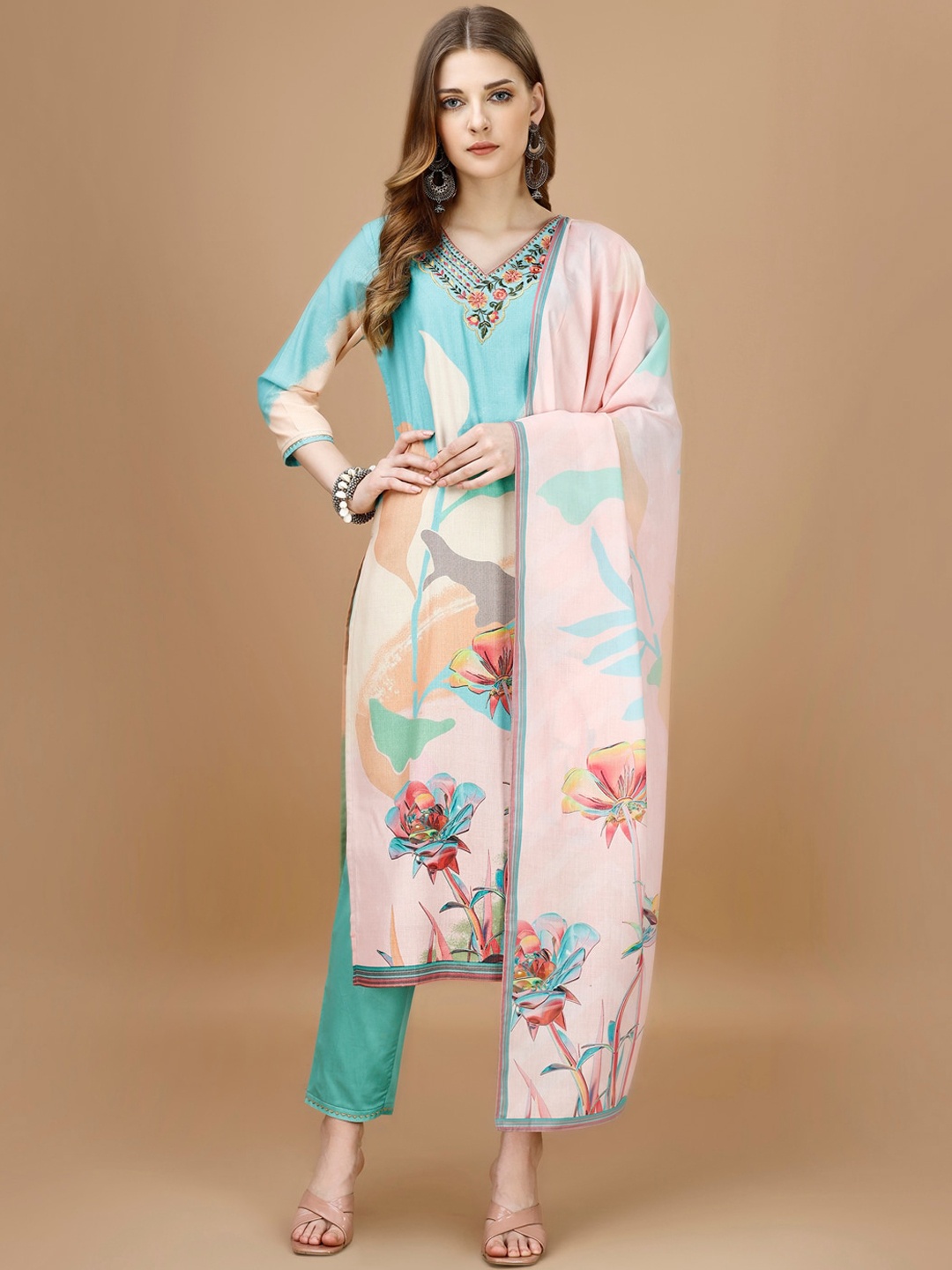 KALINI Floral Printed V-Neck Thread Work Straight Kurta with Trousers & Dupatta, Blue
KALINI Floral Printed V-Neck Thread Work Straight Kurta with Trousers & Dupatta, Blue