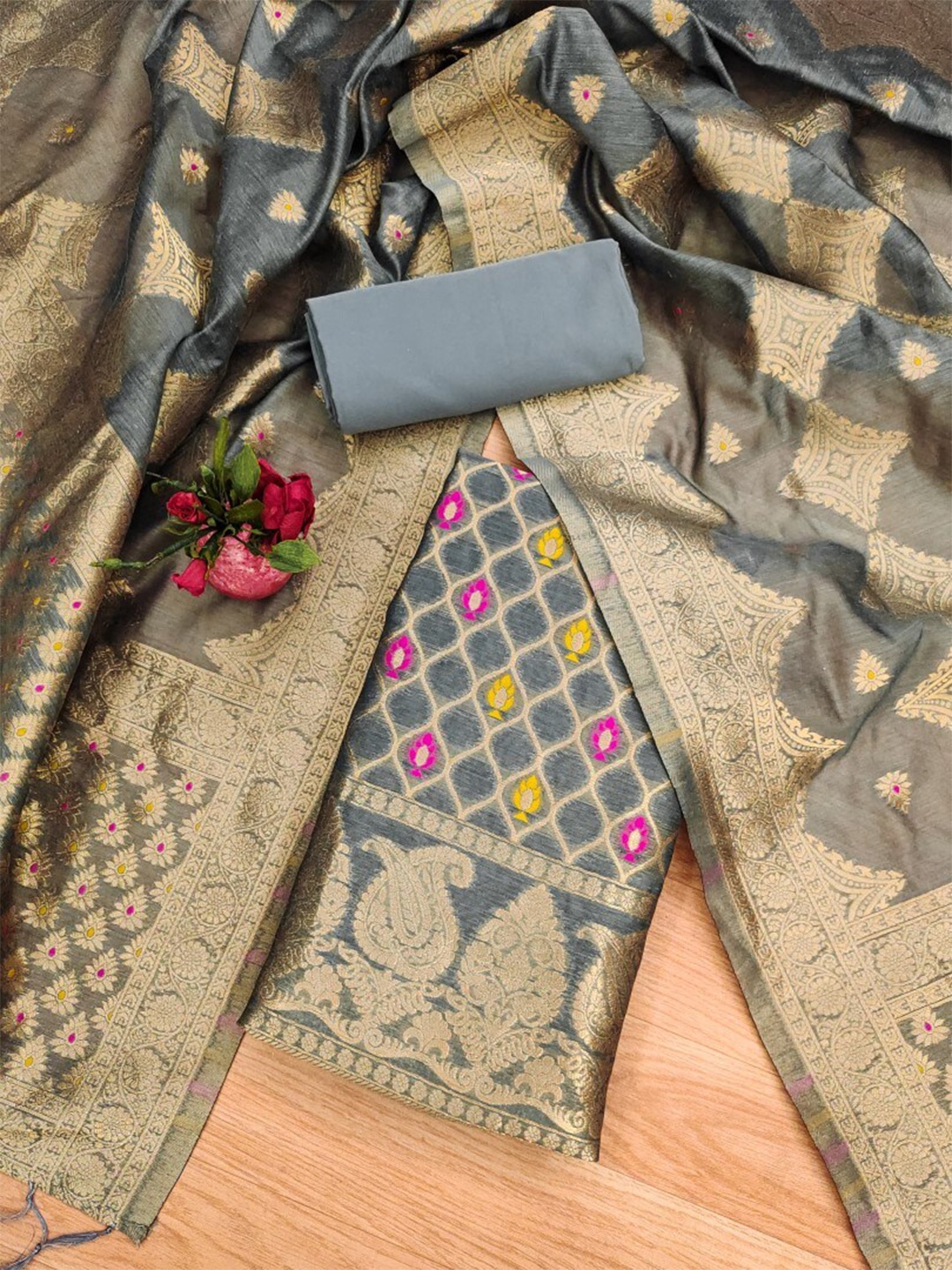 KALINI Ethnic Motifs Woven Design Banarasi Silk Art Silk Unstitched Dress Material, Grey
KALINI Ethnic Motifs Woven Design Banarasi Silk Art Silk Unstitched Dress Material, Grey