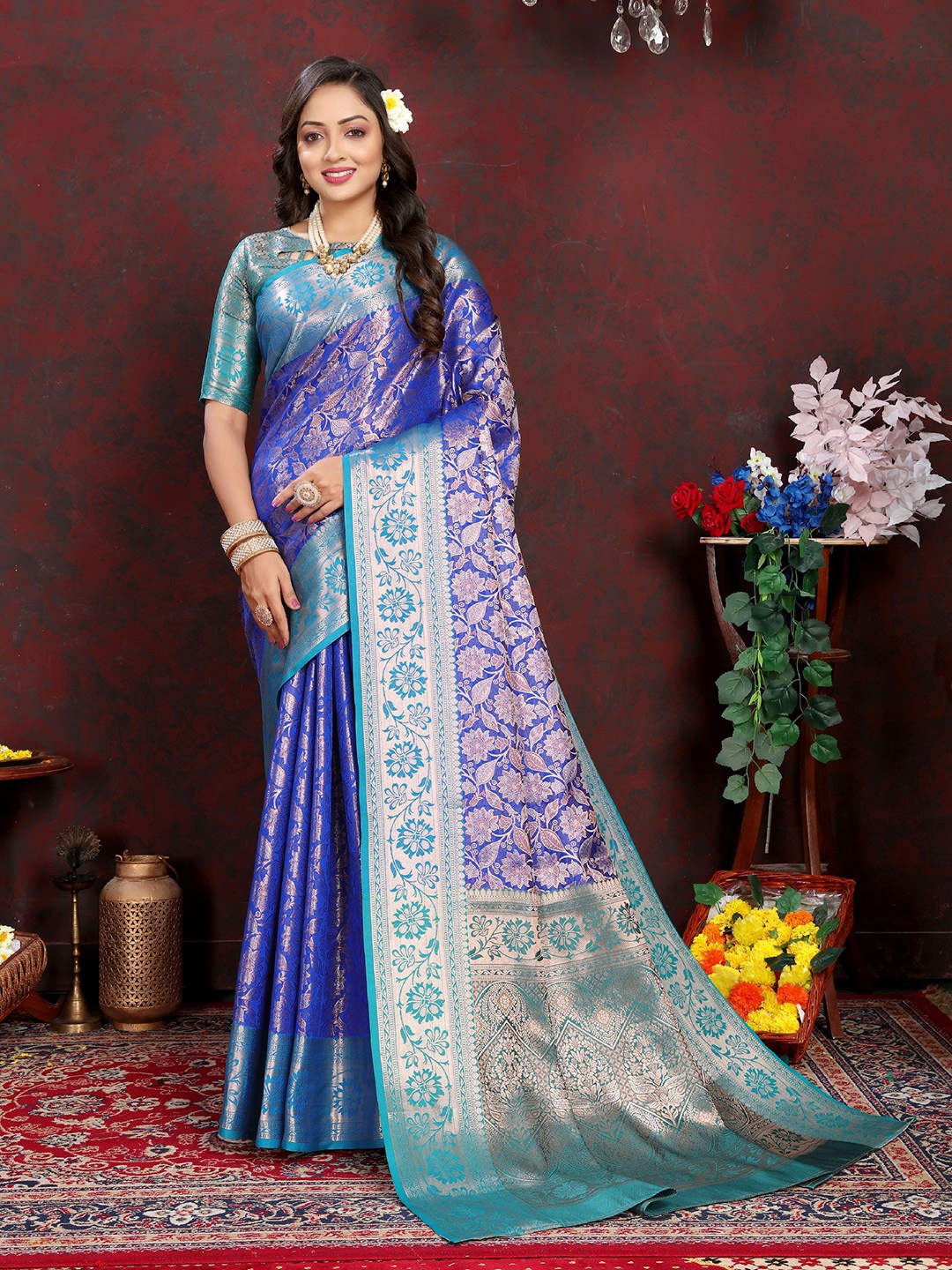 V3 FASHION STUDIO Ethnic Motifs Woven Design Zari Pure Silk Banarasi Saree, Blue
V3 FASHION STUDIO Ethnic Motifs Woven Design Zari Pure Silk Banarasi Saree, Blue