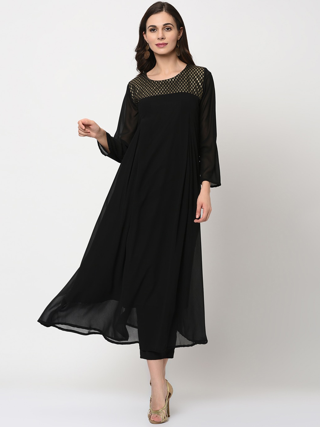 KALINI Women Keyhole Neck Flared Sleeves Thread Work Georgette Anarkali Kurta, Black
KALINI Women Keyhole Neck Flared Sleeves Thread Work Georgette Anarkali Kurta, Black