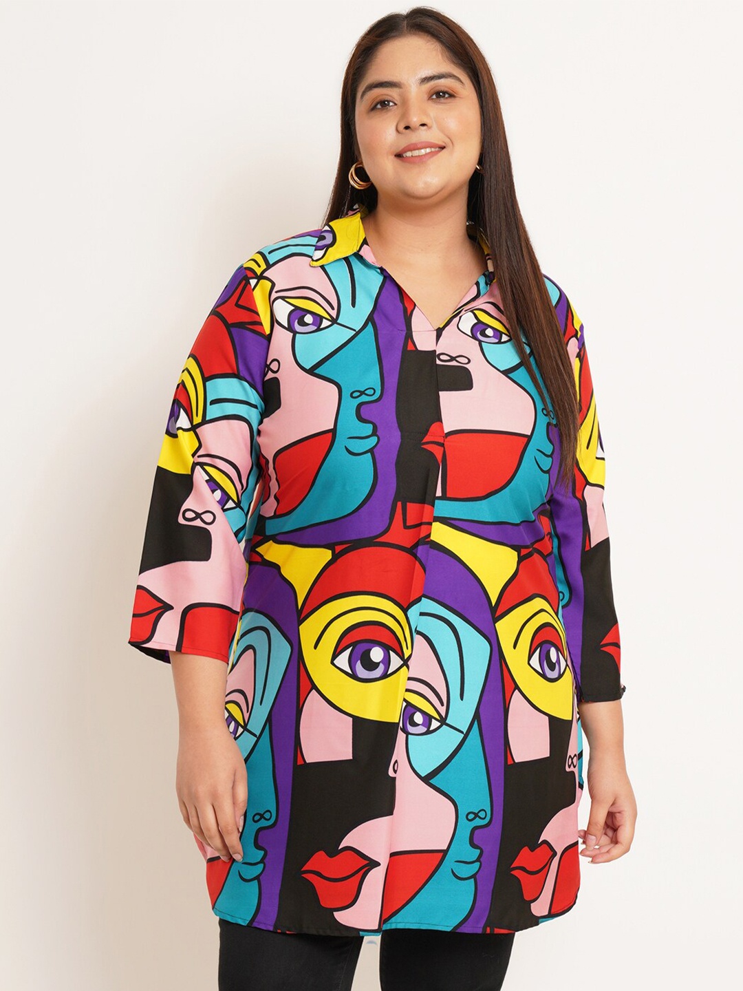 U&F Beyond Print Crepe Shirt Style Longline Top, Black