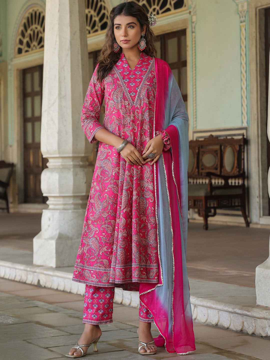 Rain & Rainbow Paisley Printed Mandarin Collar Cotton A-Line Kurta With Trousers & Dupatta, Fuchsia
Rain & Rainbow Paisley Printed Mandarin Collar Cotton A-Line Kurta With Trousers & Dupatta, Fuchsia