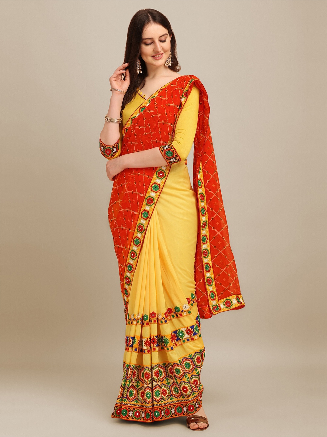 KALINI Bandhani Embroidered Pure Georgette Bandhani Saree, Orange