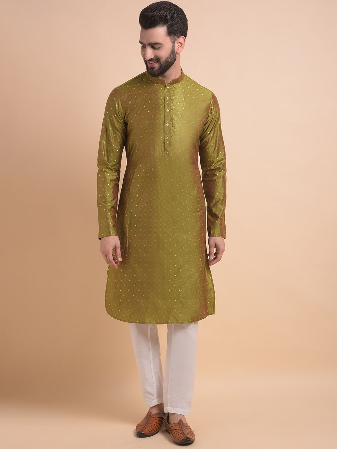 Anouk Ethnic Woven Design Mandarin Collar Regular Zari Straight Kurta With Pyjamas, Olive
Anouk Ethnic Woven Design Mandarin Collar Regular Zari Straight Kurta With Pyjamas, Olive