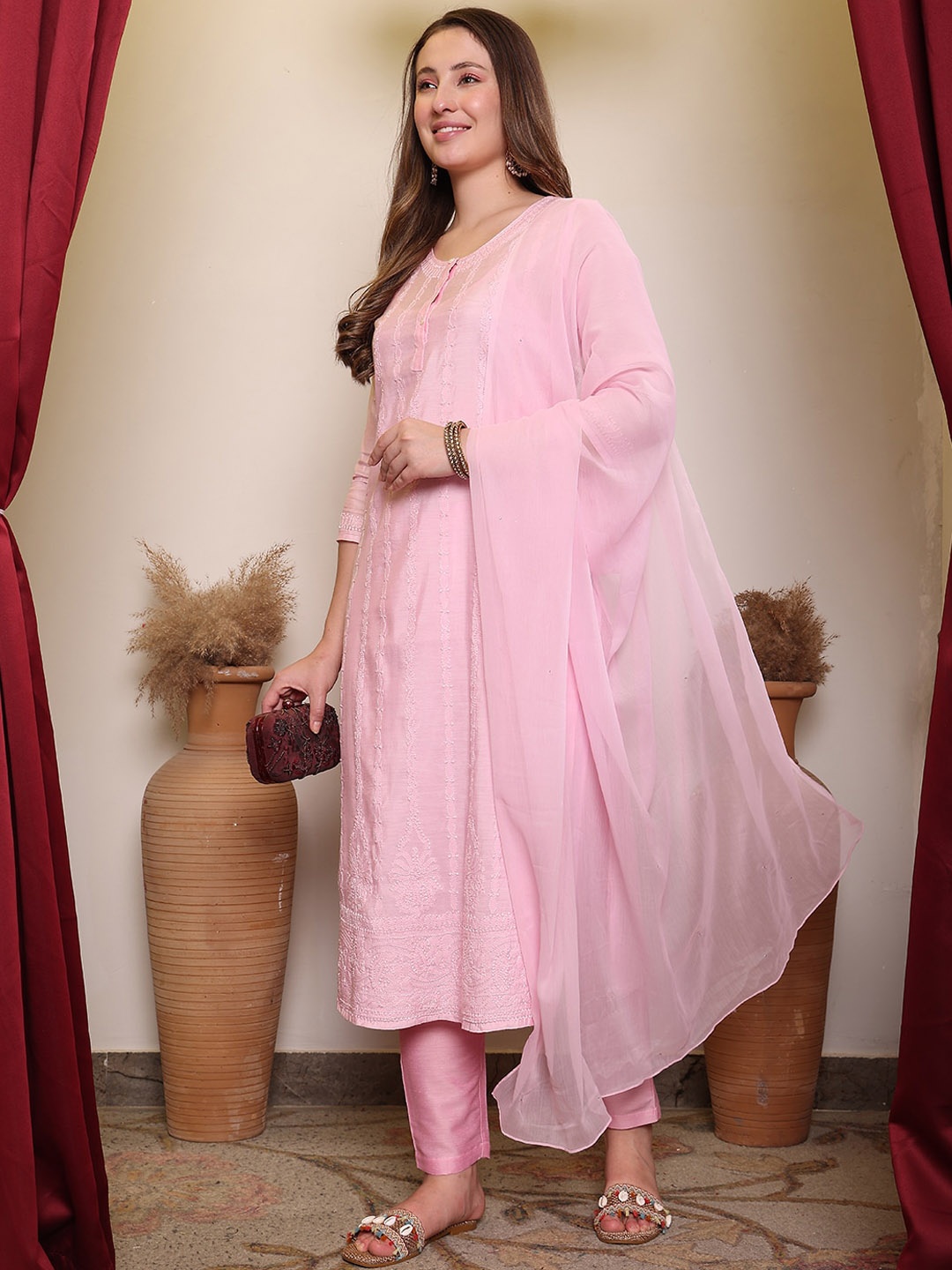 House of Pataudi Chikankari Embroidered Straight Kurta With Trouser & Dupatta, Pink
House of Pataudi Chikankari Embroidered Straight Kurta With Trouser & Dupatta, Pink