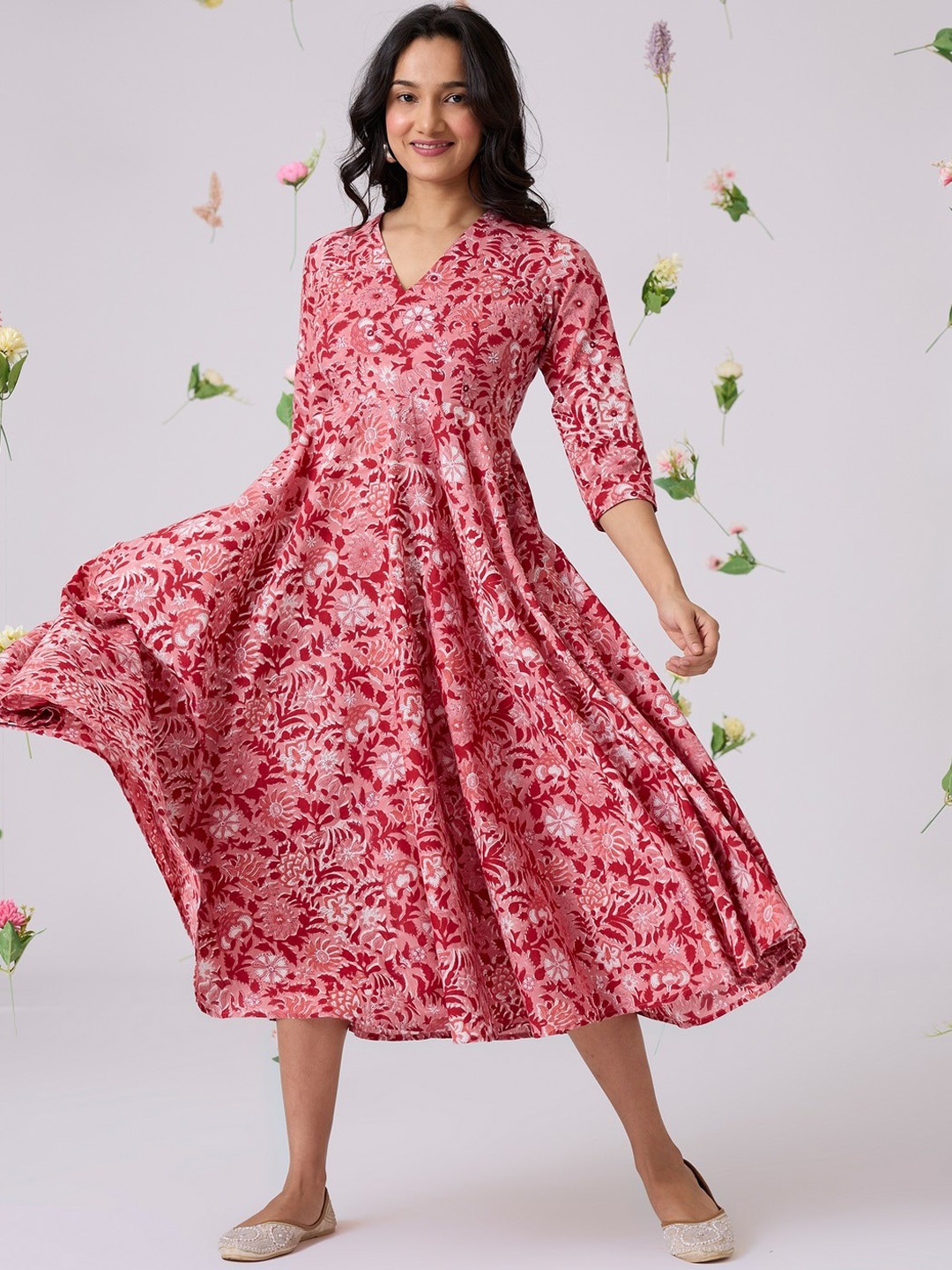 OKHAI Fragrant Floral Printed Mirror Work V-Neck Pure Cotton Fit & Flare Midi Ethnic Dress, Coral
OKHAI Fragrant Floral Printed Mirror Work V-Neck Pure Cotton Fit & Flare Midi Ethnic Dress, Coral