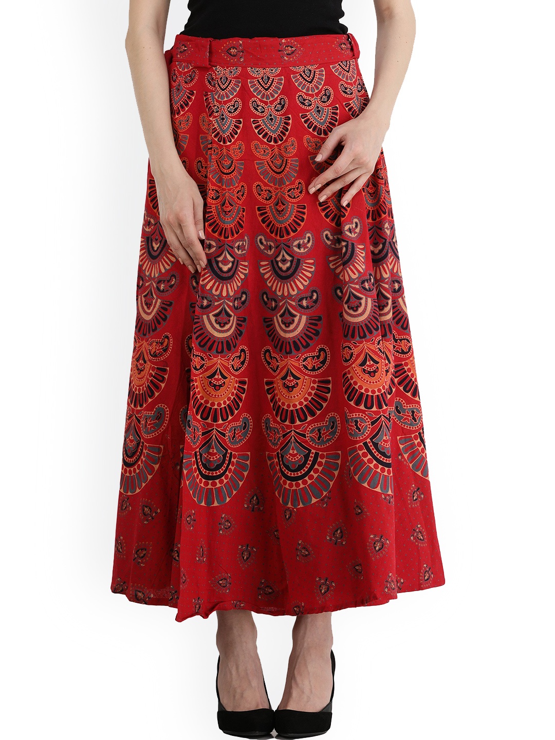 Exotic India Block-Printed Sanganeri Wrap-Around Skirt, Red