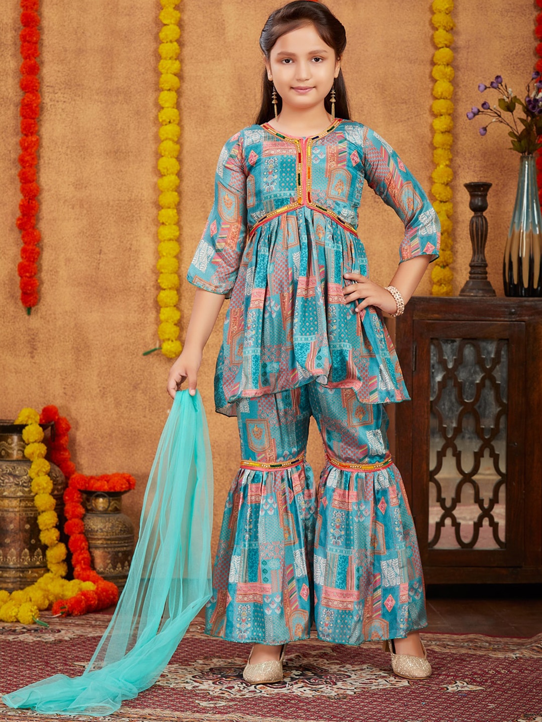 BAESD Girls Ethnic Motifs Printed Pleated Pure Silk Anarkali Kurti With Sharara & Dupatta, Turquoise blue
BAESD Girls Ethnic Motifs Printed Pleated Pure Silk Anarkali Kurti With Sharara & Dupatta, Turquoise blue