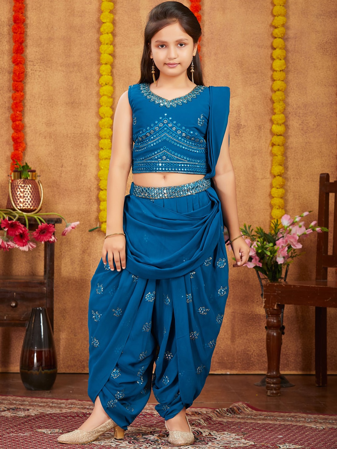 BAESD Girls Ethnic Motifs Embroidered Mirror Work Top With Dhoti Pants & Dupatta, Turquoise blue
BAESD Girls Ethnic Motifs Embroidered Mirror Work Top With Dhoti Pants & Dupatta, Turquoise blue