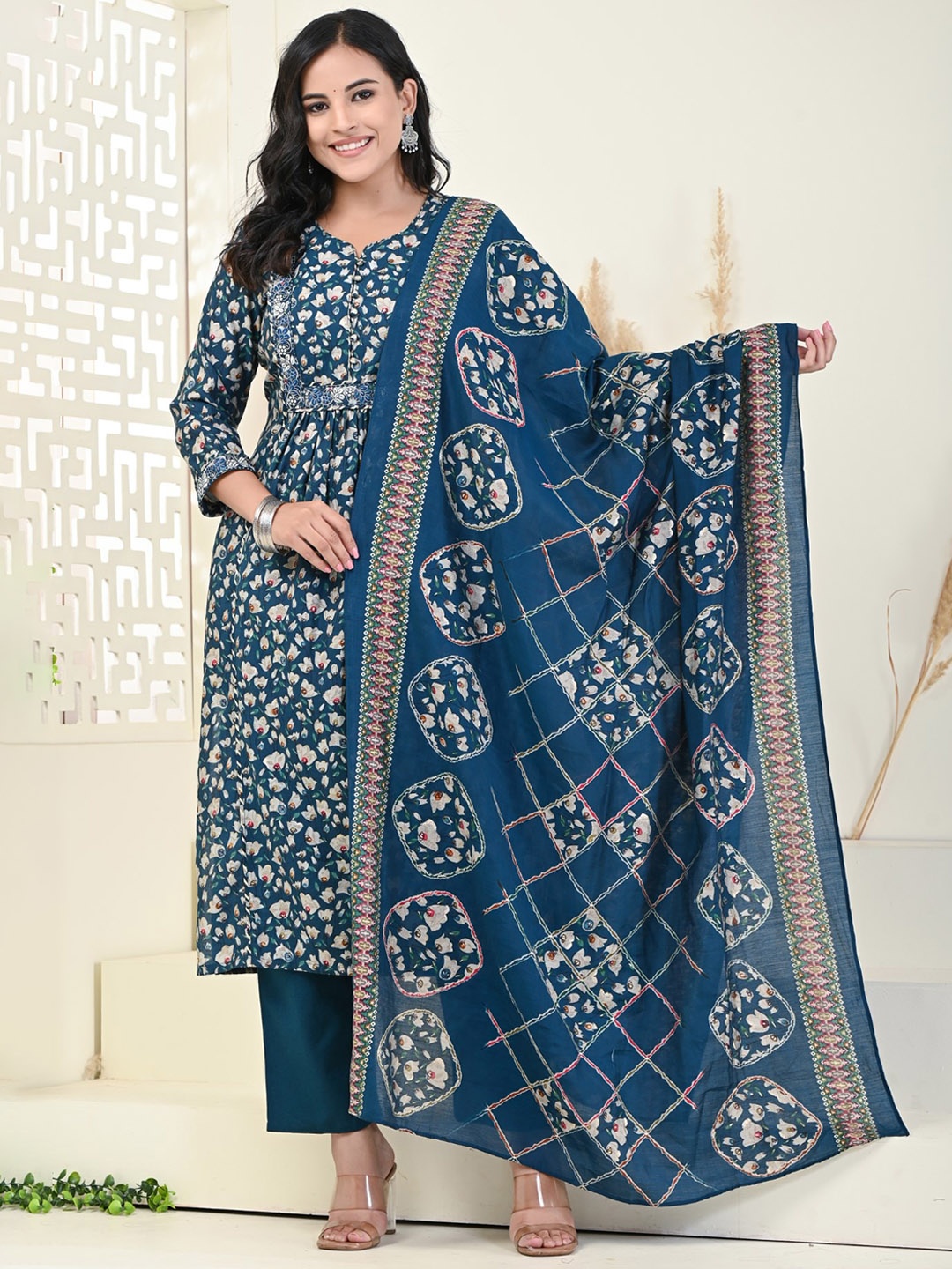 KALINI Floral Printed Thread Work Pure Cotton A Line Kurta With Trousers & Dupatta, Blue
KALINI Floral Printed Thread Work Pure Cotton A Line Kurta With Trousers & Dupatta, Blue