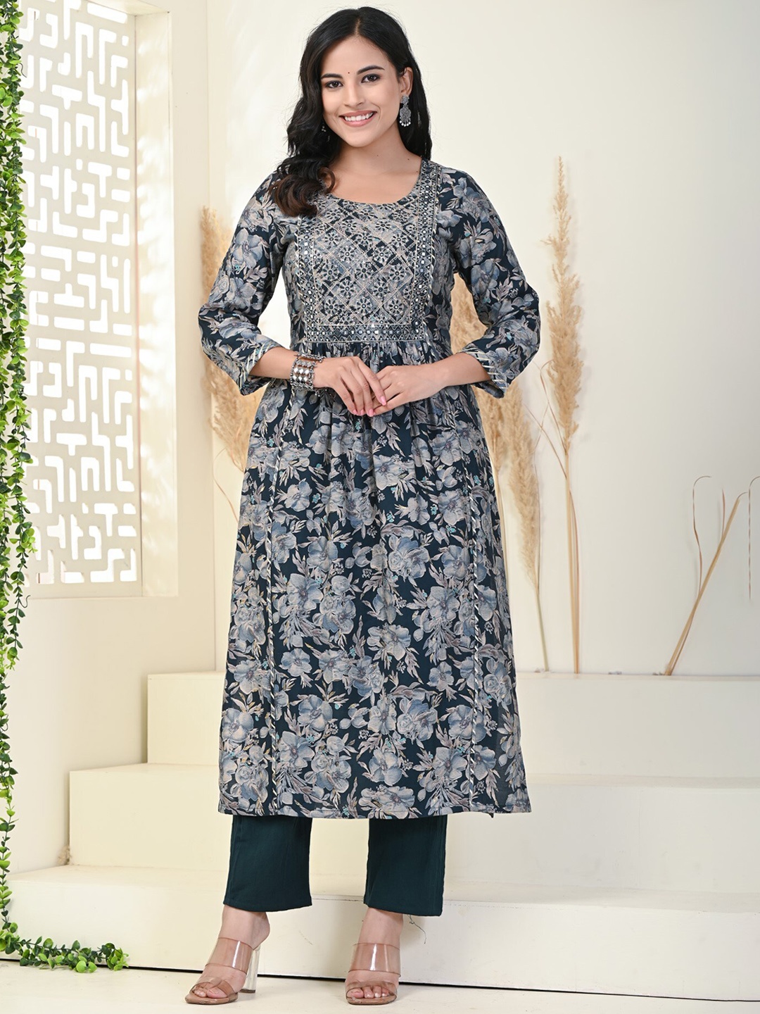 KALINI Floral Printed Regular Thread Work Pure Cotton A Line Kurta With Trousers, Blue
KALINI Floral Printed Regular Thread Work Pure Cotton A Line Kurta With Trousers, Blue