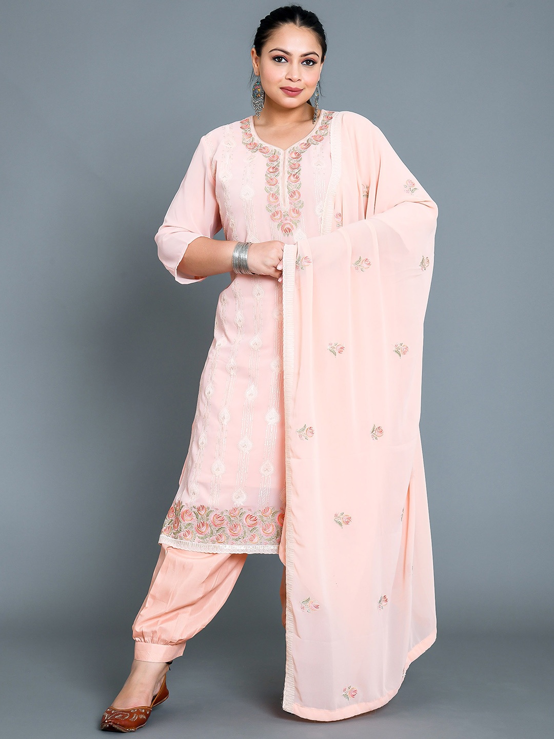 madam PLUS Round Neck Floral Embroidered Straight Kurta with Salwar & Dupatta, Peach
madam PLUS Round Neck Floral Embroidered Straight Kurta with Salwar & Dupatta, Peach