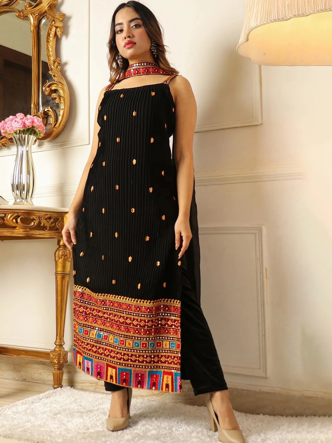Fashion Basket Ethnic Motifs Thread Work Straight Kurta with Trousers & Dupatta, Black
Fashion Basket Ethnic Motifs Thread Work Straight Kurta with Trousers & Dupatta, Black