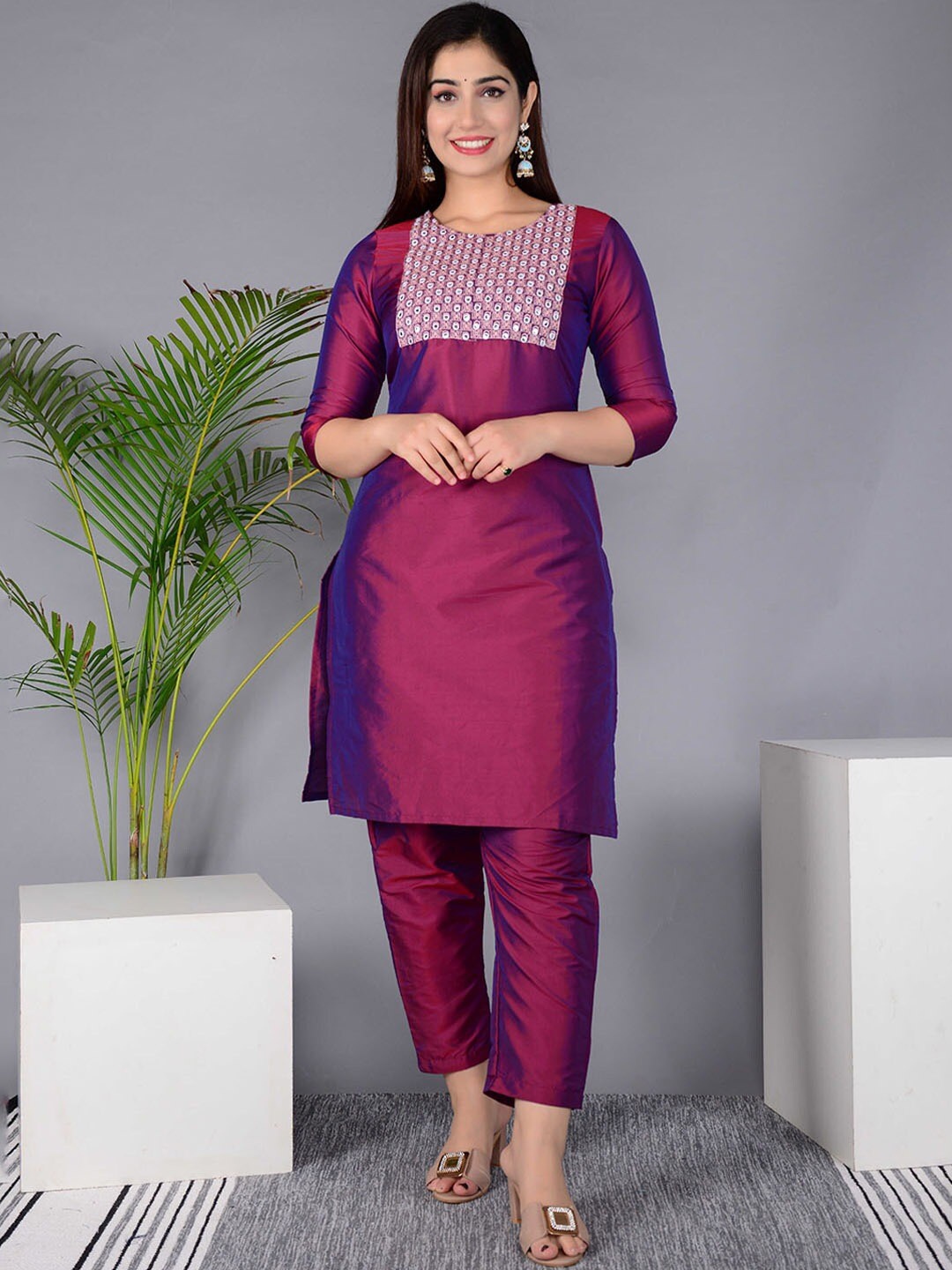 BAESD Round Neck Yoke Design Art Silk Thread Work Straight Kurta With Trouser, Purple
BAESD Round Neck Yoke Design Art Silk Thread Work Straight Kurta With Trouser, Purple