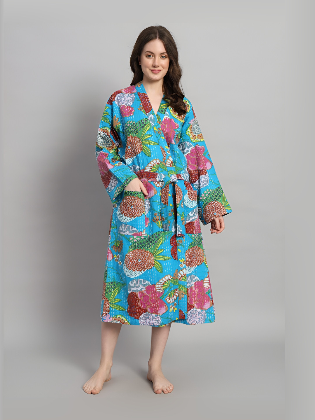 HANDICRAFT PALACE Women Tropical Printed Quilted Pure Cotton Bath Robe With Belt, Turquoise blue 
HANDICRAFT PALACE Women Tropical Printed Quilted Pure Cotton Bath Robe With Belt, Turquoise blue