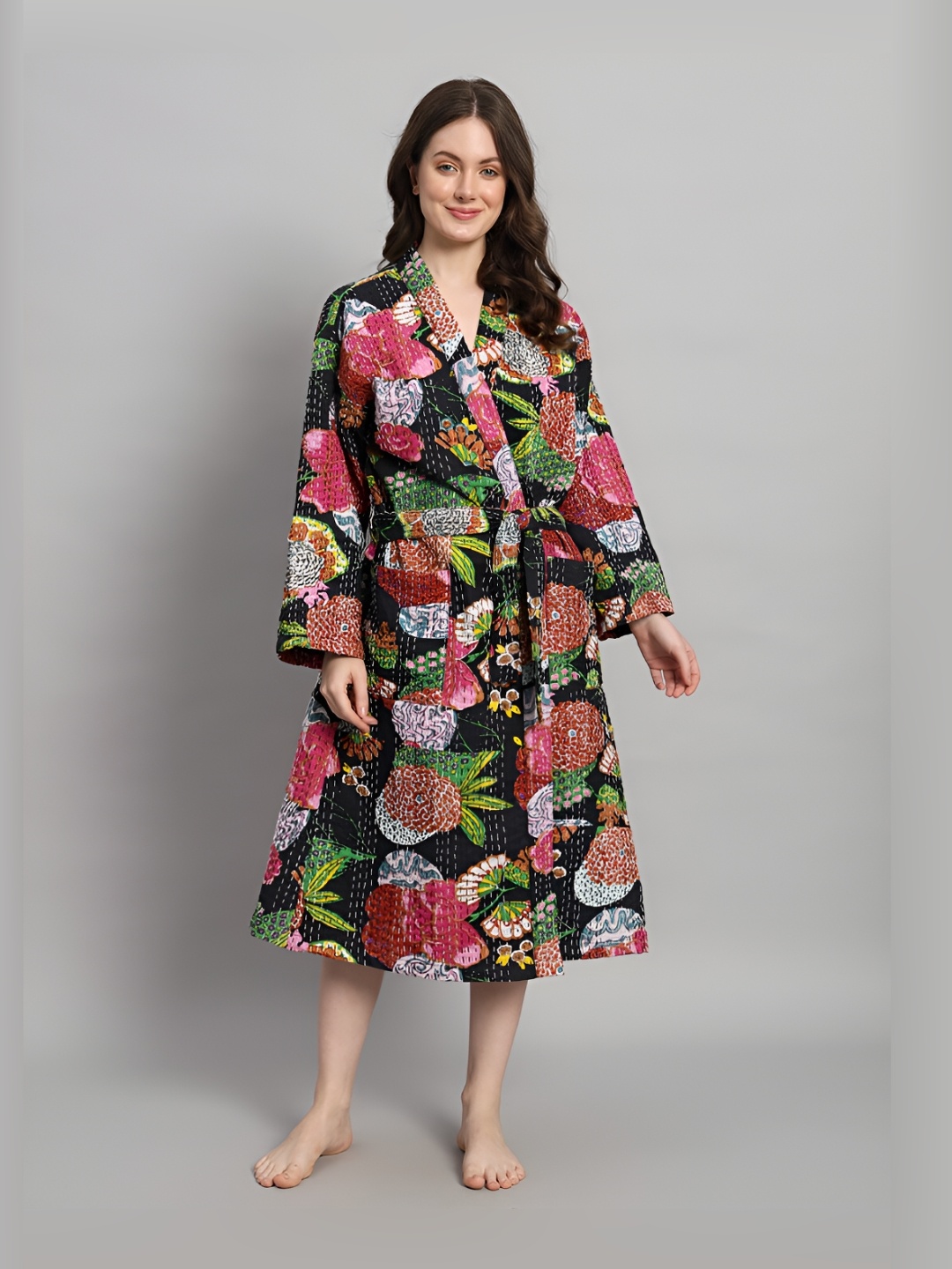 HANDICRAFT PALACE Tropical Printed Kantha Quilted Pure Cotton Bath Robe With Belt, Black
HANDICRAFT PALACE Tropical Printed Kantha Quilted Pure Cotton Bath Robe With Belt, Black
