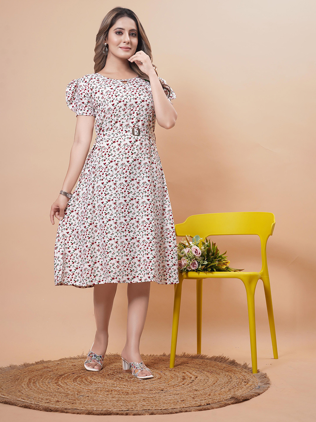 SWAADHI Floral Print Puff Sleeve Fit & Flare Dress, White
SWAADHI Floral Print Puff Sleeve Fit & Flare Dress, White