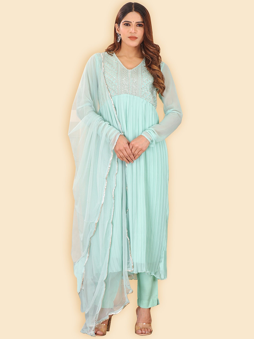 HERE&NOW Floral Embroidered Empire Thread Work Anarkali Kurta with Trousers & Dupatta, Sea green
HERE&NOW Floral Embroidered Empire Thread Work Anarkali Kurta with Trousers & Dupatta, Sea green