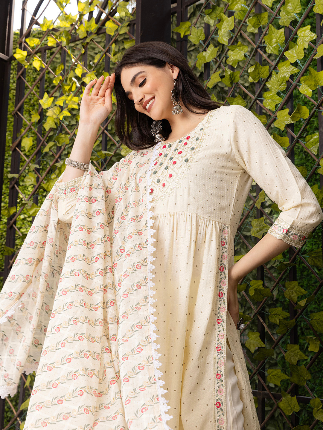 Ishin Zari Embroidered Sequin Embellished A-Line Kurta With Pants and Dupatta, Off white
Ishin Zari Embroidered Sequin Embellished A-Line Kurta With Pants and Dupatta, Off white
