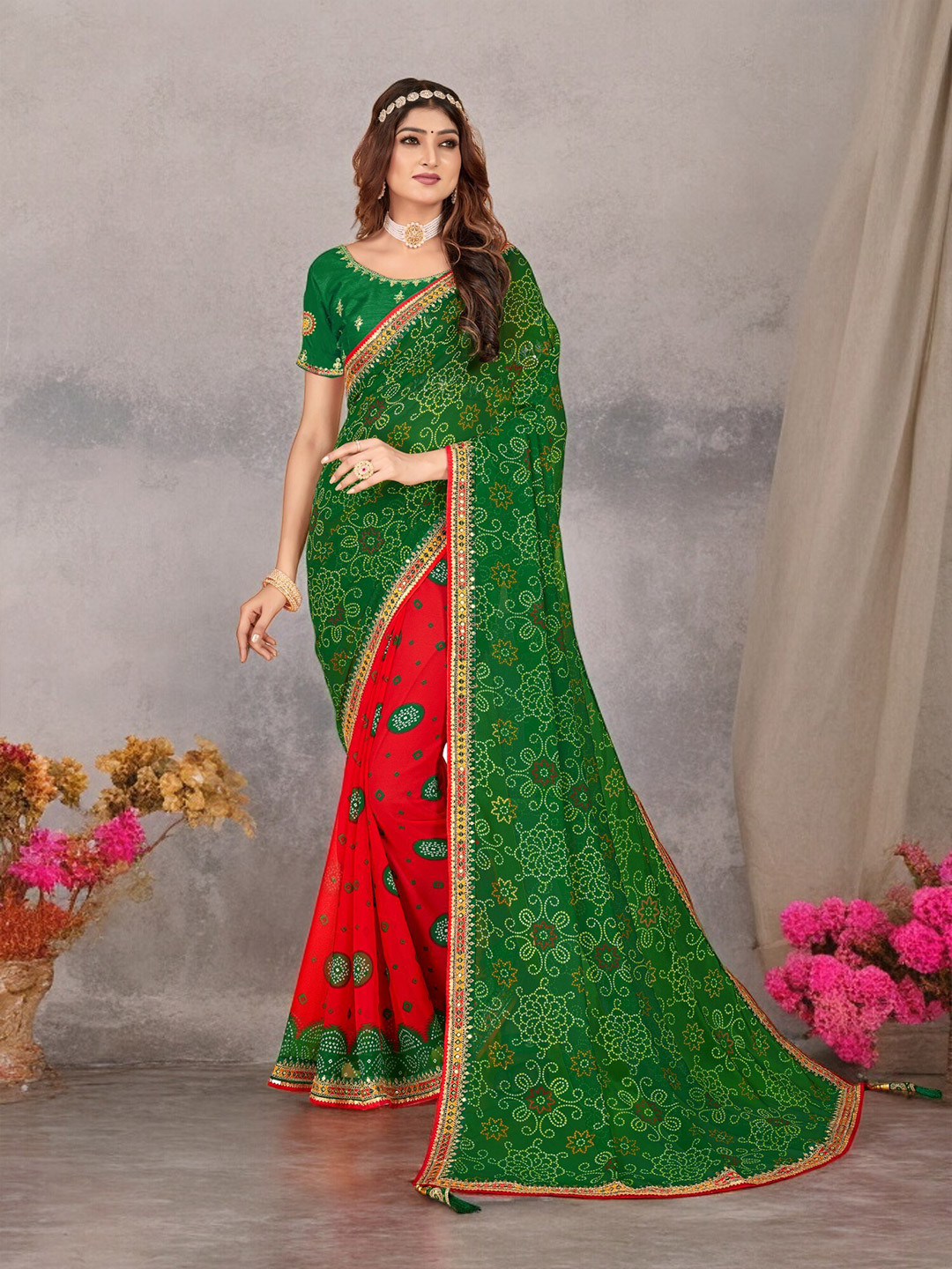 Ambuja International Bandhani Printed Half and Half Pure Georgette Bandhani Saree, Green
Ambuja International Bandhani Printed Half and Half Pure Georgette Bandhani Saree, Green