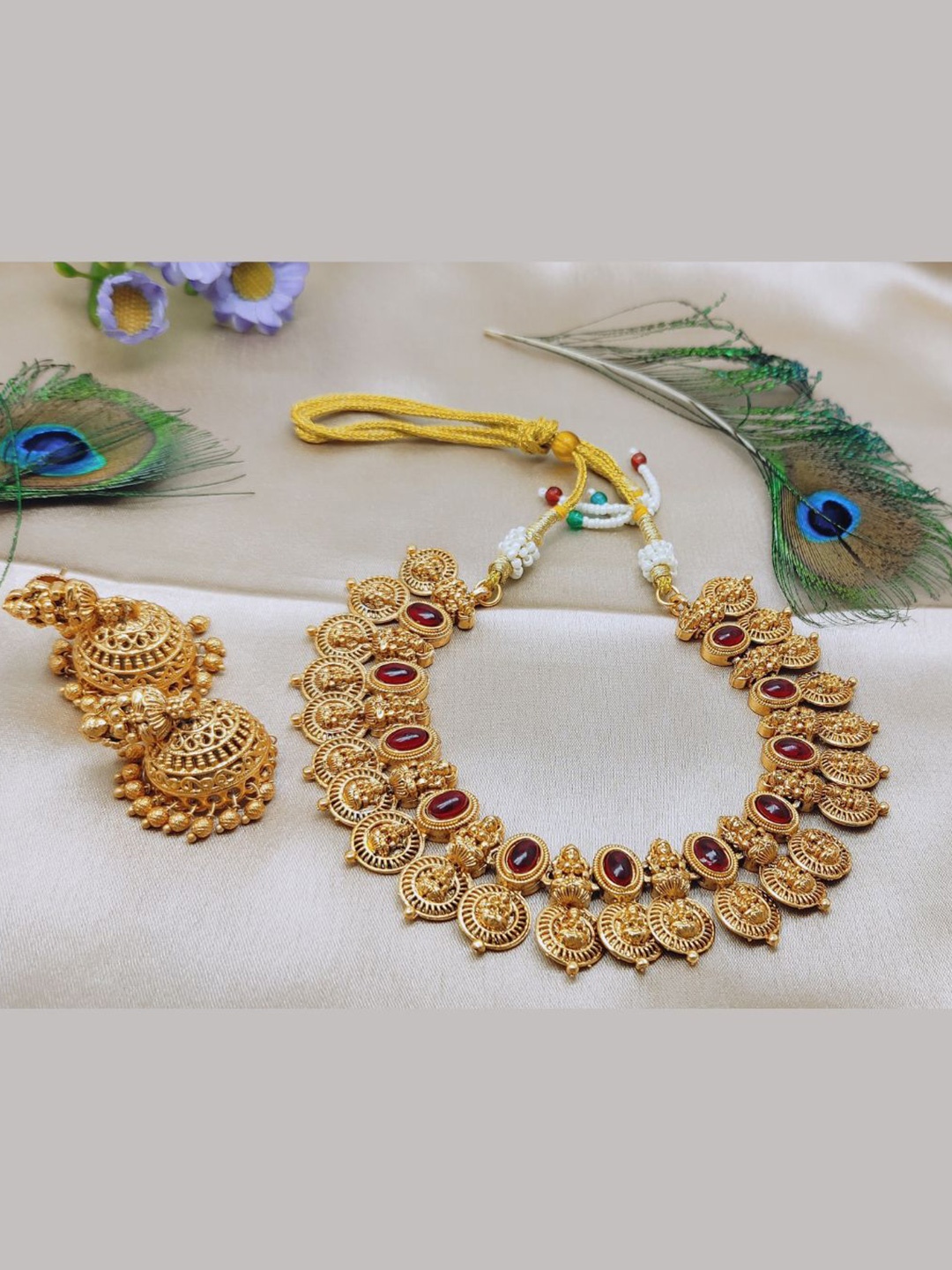 Adc fashions Gold-Plated Artificial Stones Studded Temple Necklace Earrings Set, Red
Adc fashions Gold-Plated Artificial Stones Studded Temple Necklace Earrings Set, Red