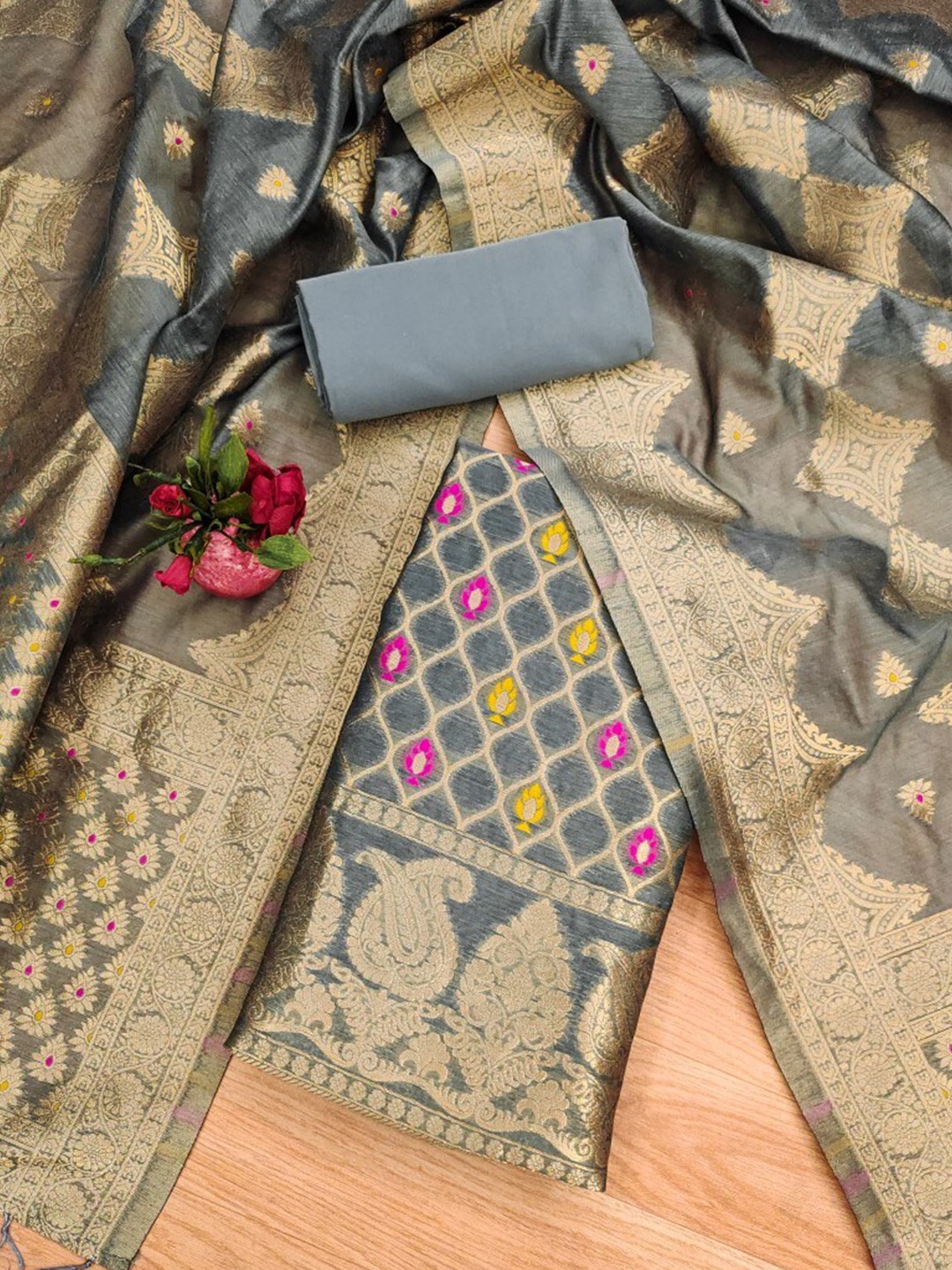 Momina Fashion Ethnic Motifs Woven Design Zari Pure Silk Unstitched Dress Material, Grey
Momina Fashion Ethnic Motifs Woven Design Zari Pure Silk Unstitched Dress Material, Grey