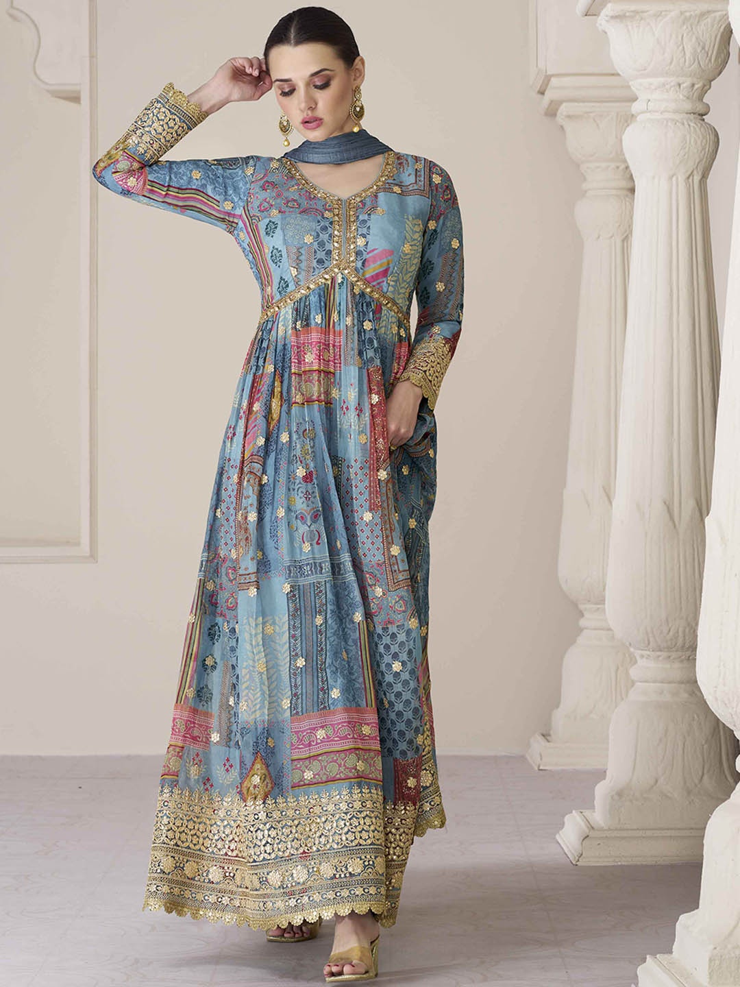 Meena Bazaar Ethnic Motifs Printed Organza Empire Kurta With Churidar & Dupatta, Blue
Meena Bazaar Ethnic Motifs Printed Organza Empire Kurta With Churidar & Dupatta, Blue