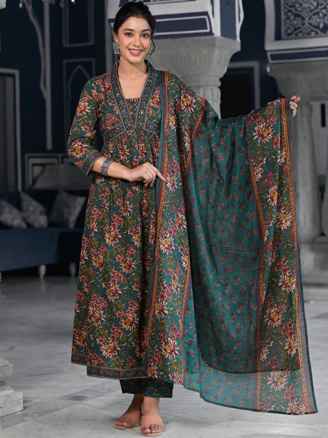 Meena Bazaar V Neck Floral Printed A Line Sequinned Kurta with Trouser & Dupatta, Green
Meena Bazaar V Neck Floral Printed A Line Sequinned Kurta with Trouser & Dupatta, Green