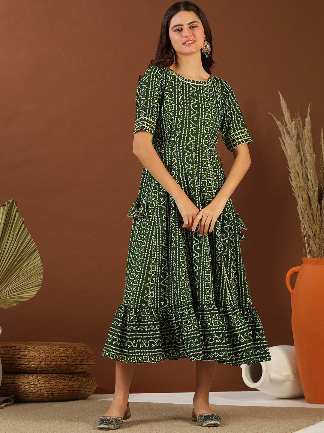 Inddus Bandhini Printed Cotton Tie Up Lace Fit & Flare Midi Ethnic Dress, Green
Inddus Bandhini Printed Cotton Tie Up Lace Fit & Flare Midi Ethnic Dress, Green