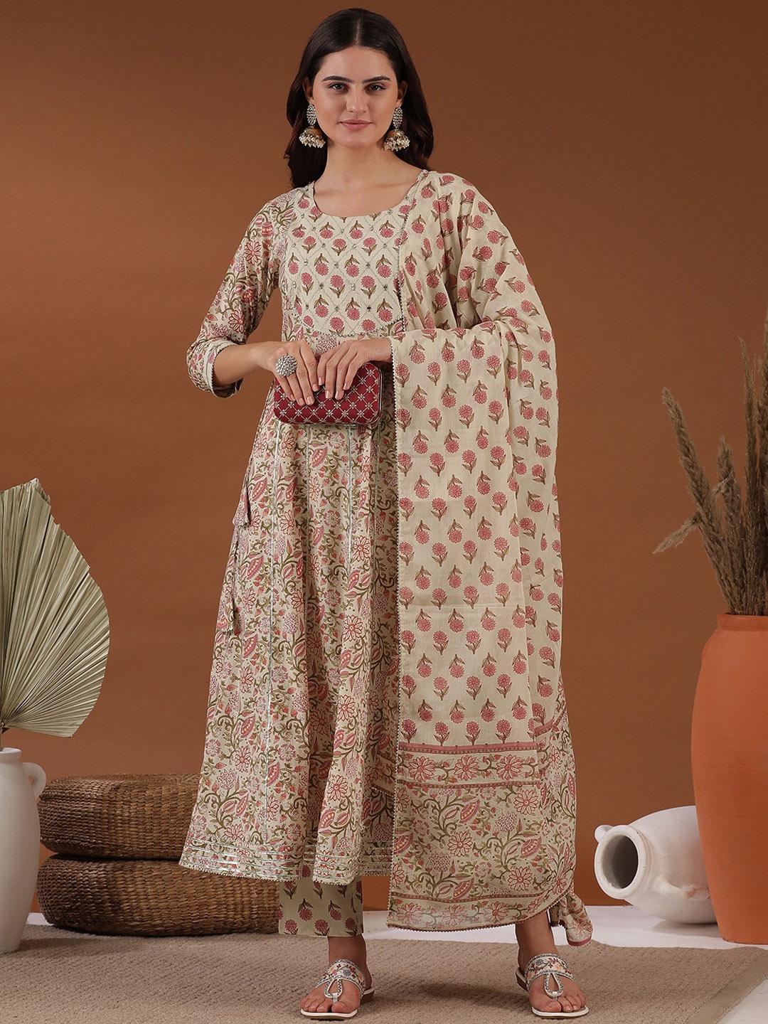 Inddus Floral Printed Empire Gotta Patti Anarkali Kurta with Trousers & With Dupatta, Beige
Inddus Floral Printed Empire Gotta Patti Anarkali Kurta with Trousers & With Dupatta, Beige